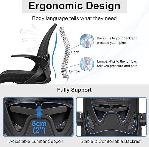 Vista 4 de Primy Silla de dibujo alta de oficina con reposabrazos abatibles, silla de escritorio ergonómica ejecutiva para computadora con soporte lumbar
