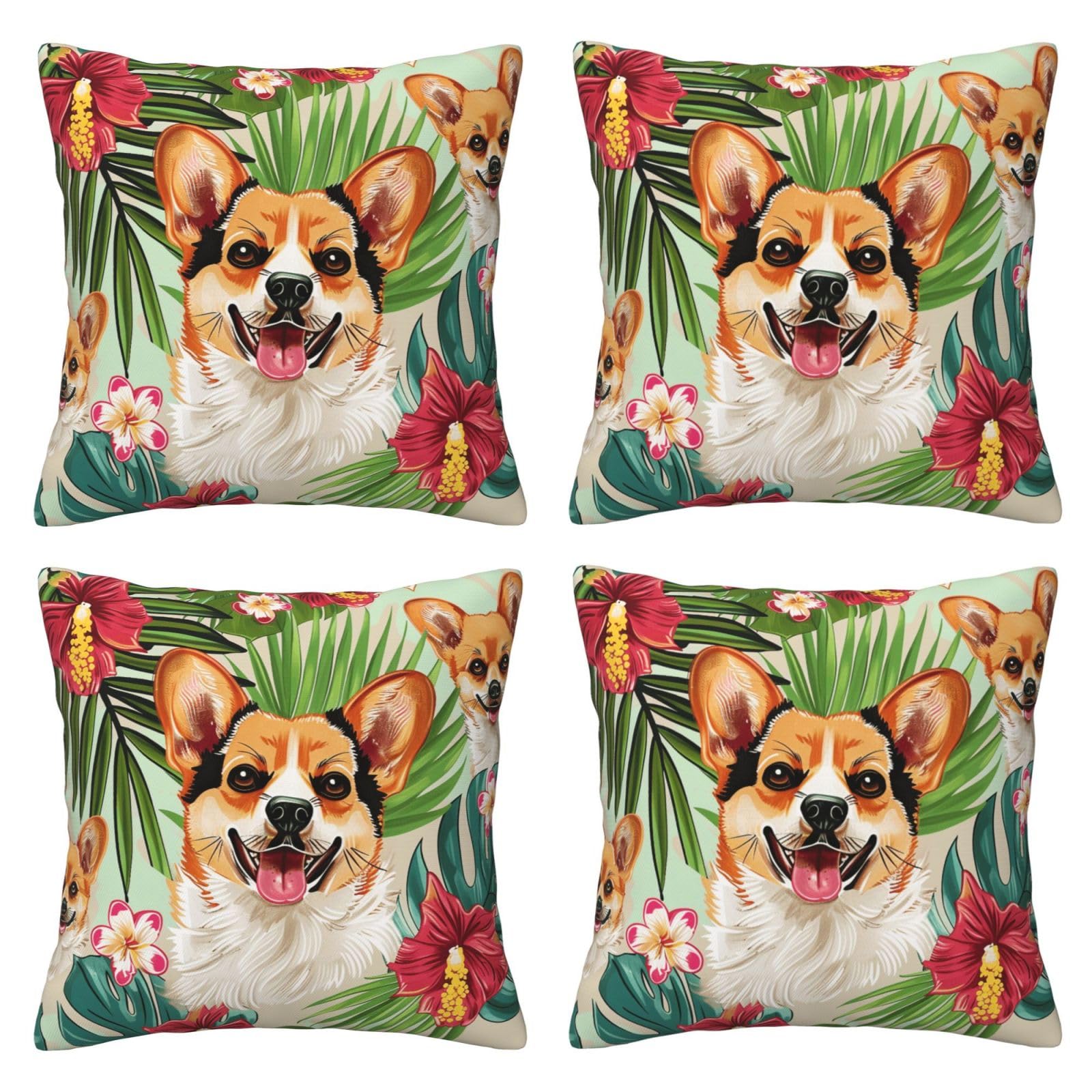 tropical flower and corgi Throw Pillow Cases 4 Pack Square Pillowcases Super Soft Pillow Protectors With Zipper for Couch Livingroom Sofa Bed Office Car,50x50 CM