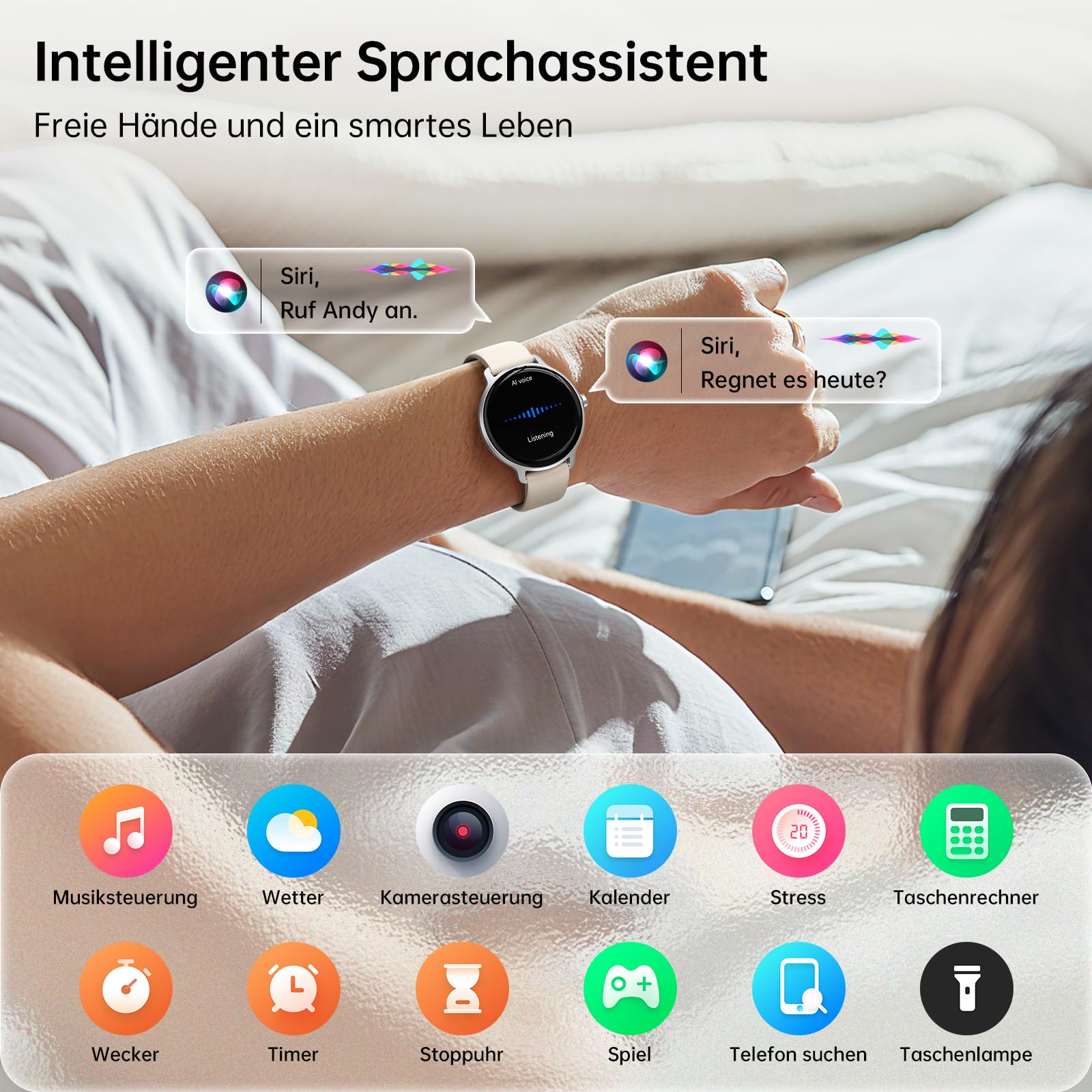 Smartwatch Damen Herren Rund, 1.27" AMOLED Smart Watch mit Telefonfunktion, Fitnessuhr Damen mit Pulsuhr Schlafmonitor Schrittzähler, 120+ Sportmodi, IP68 Wasserdicht Sportuhr für Samsung iOS Android