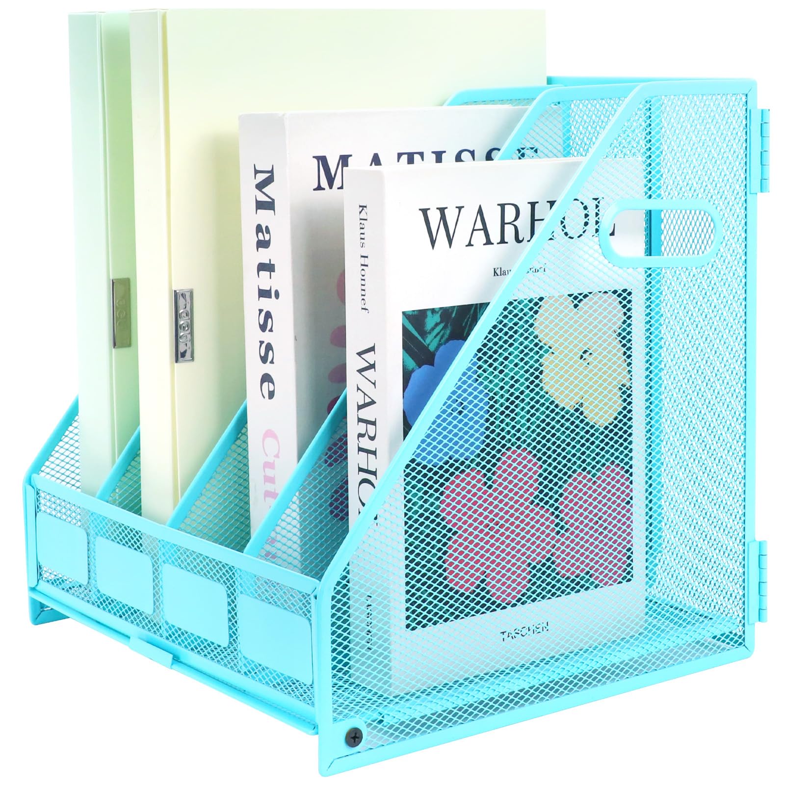 TSDRBWO Desk Organizers Metal Magazine File Holder Racks Desktop Folder Storage Binder Organiser Document Organization for Home Office & Classroom,4 Vertical Compartments-Blue
