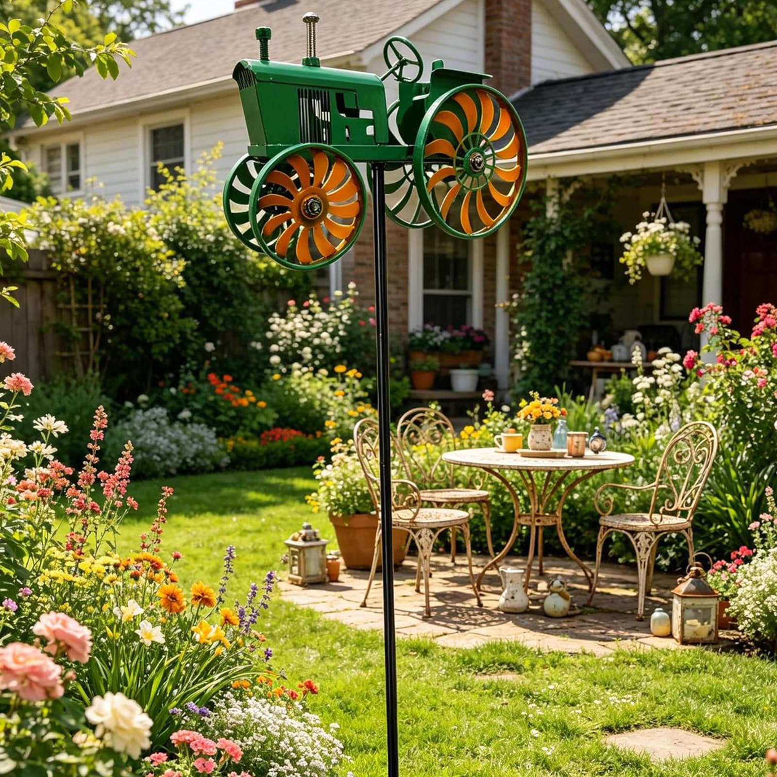 HTU Vintage Tractor Wind Spinner, Tractor Unique Outdoor Sculptures, Noiseless Ground Windmills Sun-resistant Windmill Decorative Stake for Patio Yard Garden for Outdoor-Green