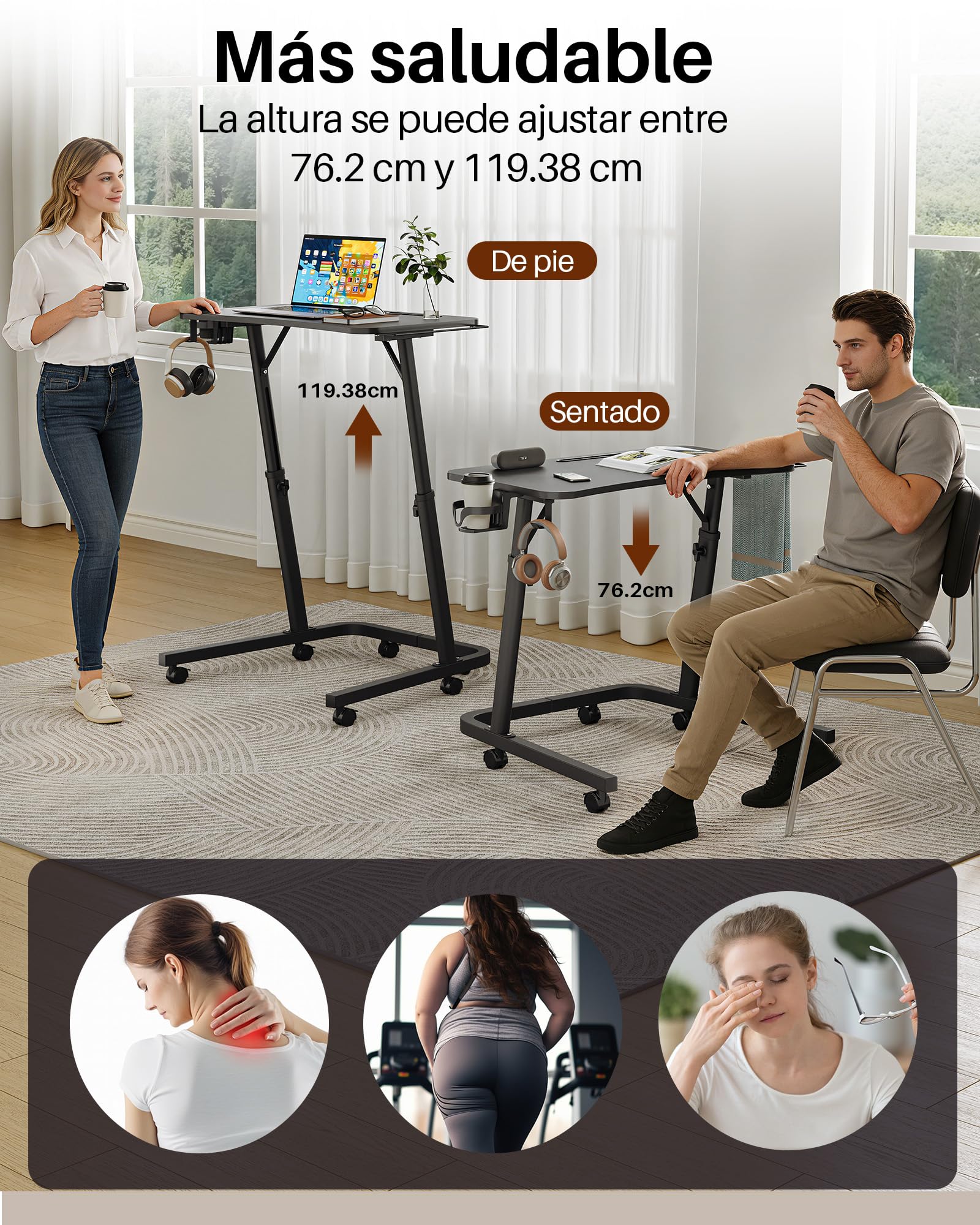 Mesa de entrenamiento con ruedas y altura regulable, mesita de noche y mesa para portátil, mesa auxiliar de altura ajustable para ciclismo en interiores y cinta de correr con soporte para bebidas y