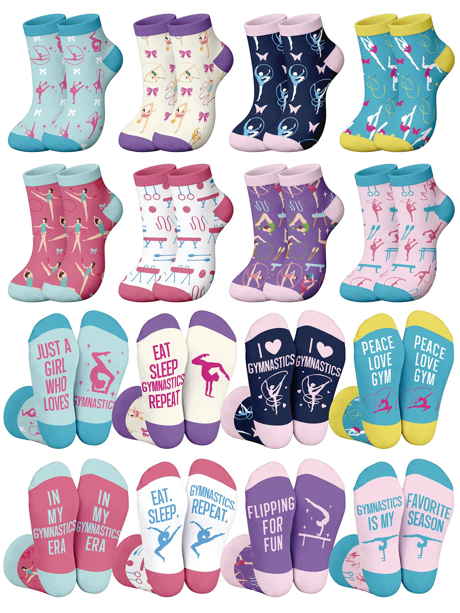 Glitopper 8 Pairs Gymnastics Theme Gift Socks Bulk, Gymnast Accessories Stuff Birthday Party Favors for Team Coach Gymnast Adults Women - 8 Styles