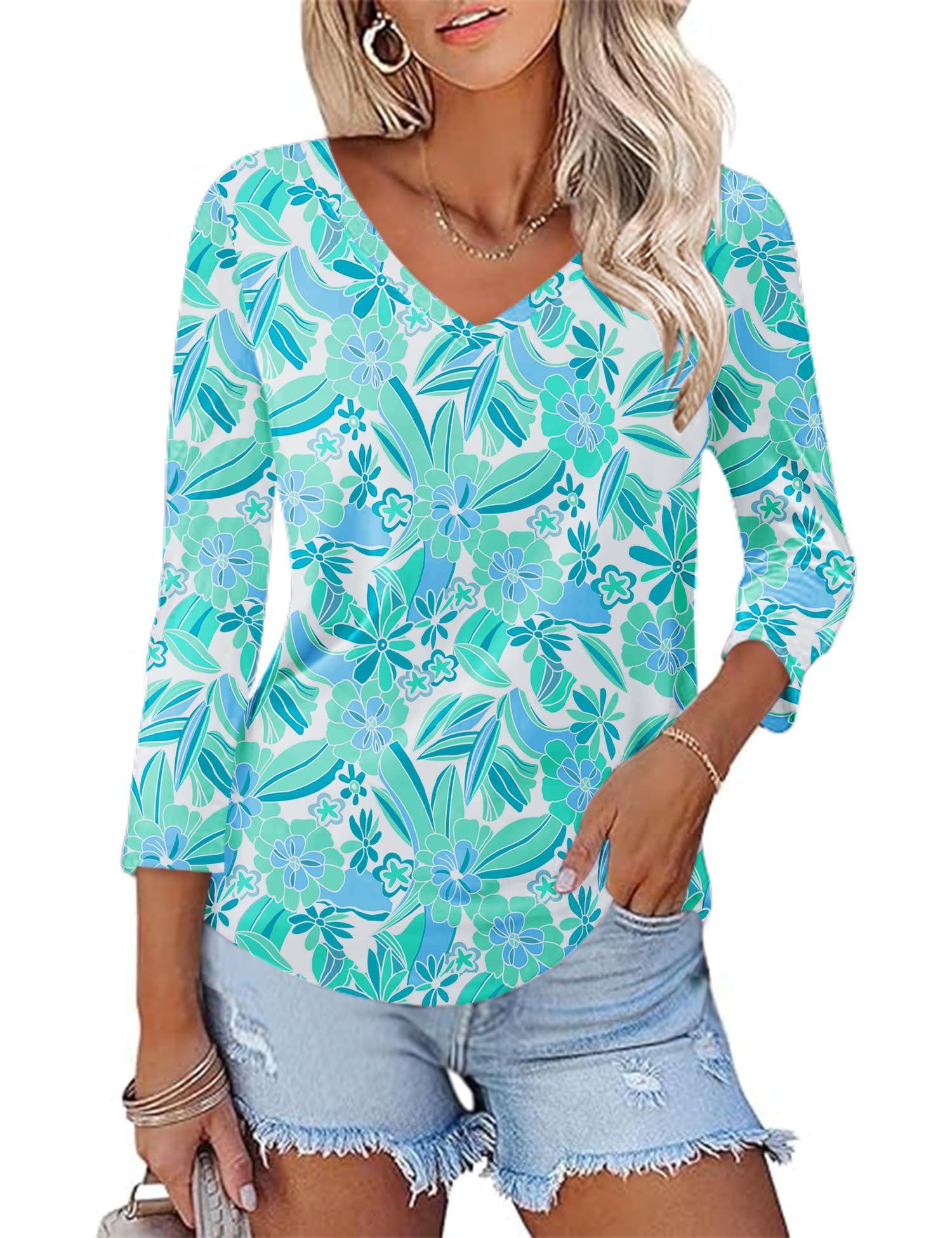 Rapbin Bluse Damen 3/4 Ärmel Langerm V-Ausschnitt Elegant Oberteile Locker Tops Sommer 2026 Tunika Lässig Blusen