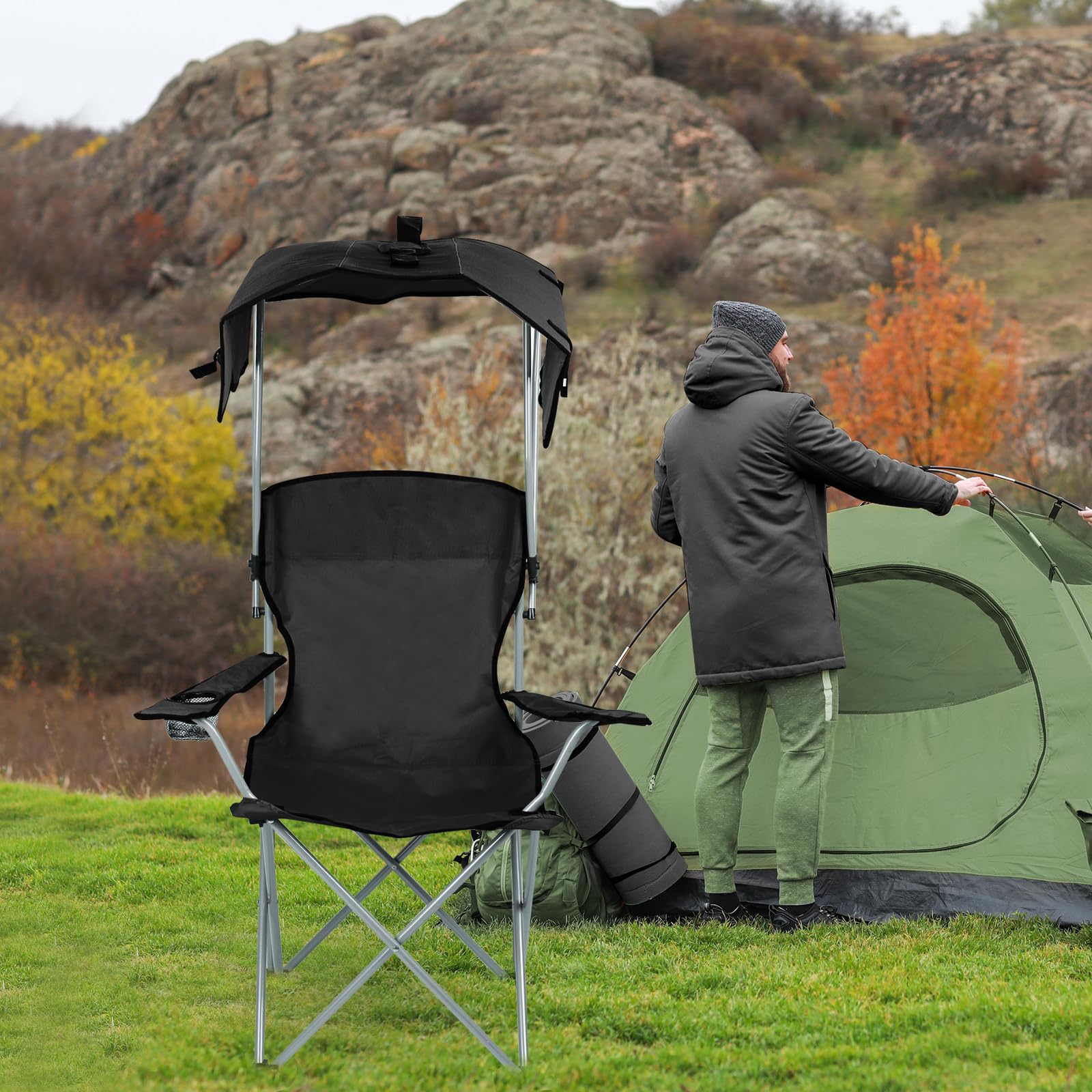 Chaise Pliante Camping Fauteuil Pliable Chaise de Plage Ultra léger avec Porte Gobelet et Sacs de Transport, Parasol, Idéal Voyages, Pêche, Festival, Camping, Plage (Noir)