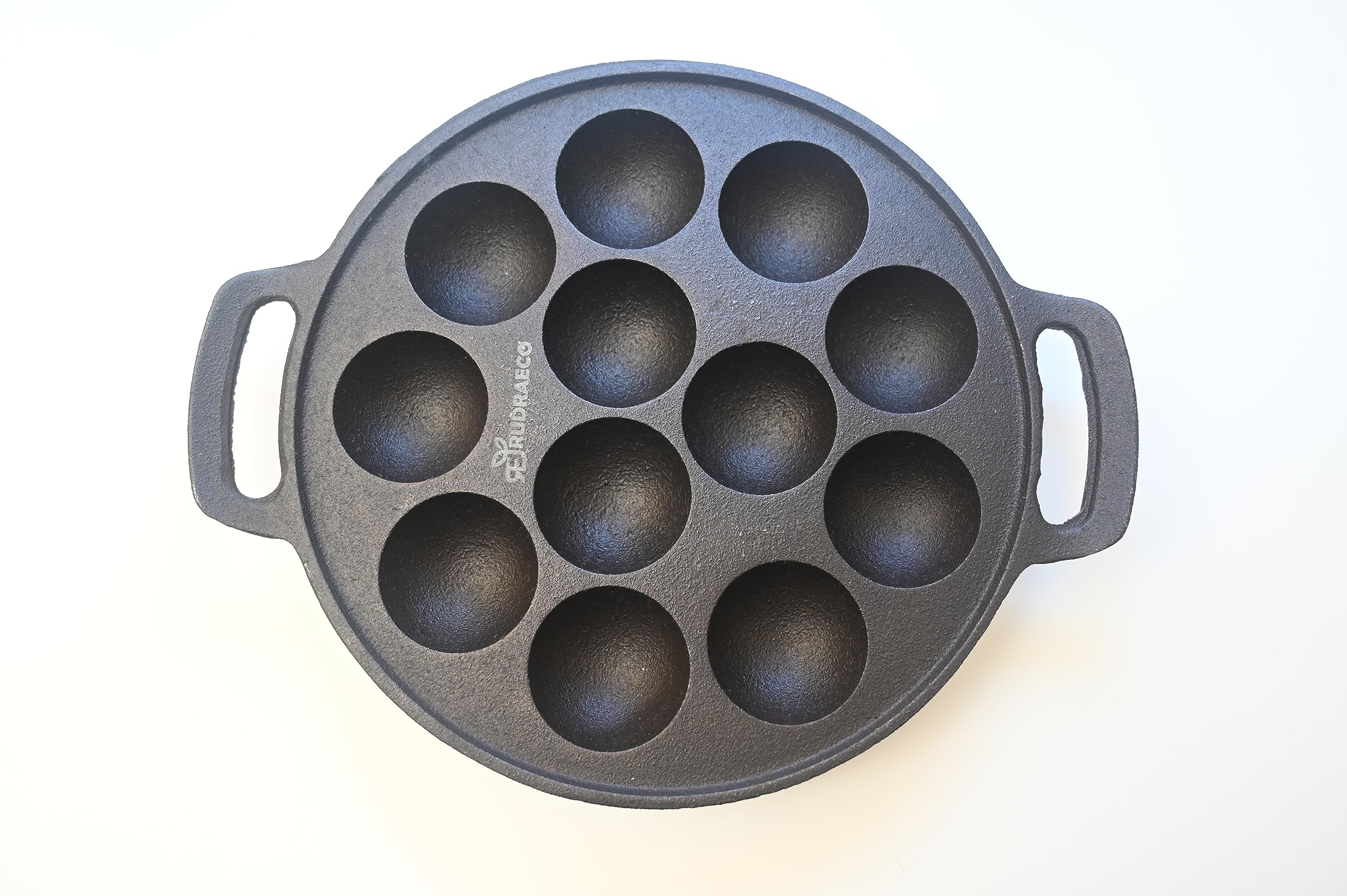 RudraEco Cast Iron Preseasoned 12 Pits Paniyaram/Appe Pan/Paddu/Appam Maker/Chatti/Cavity/Ponganalu Maker