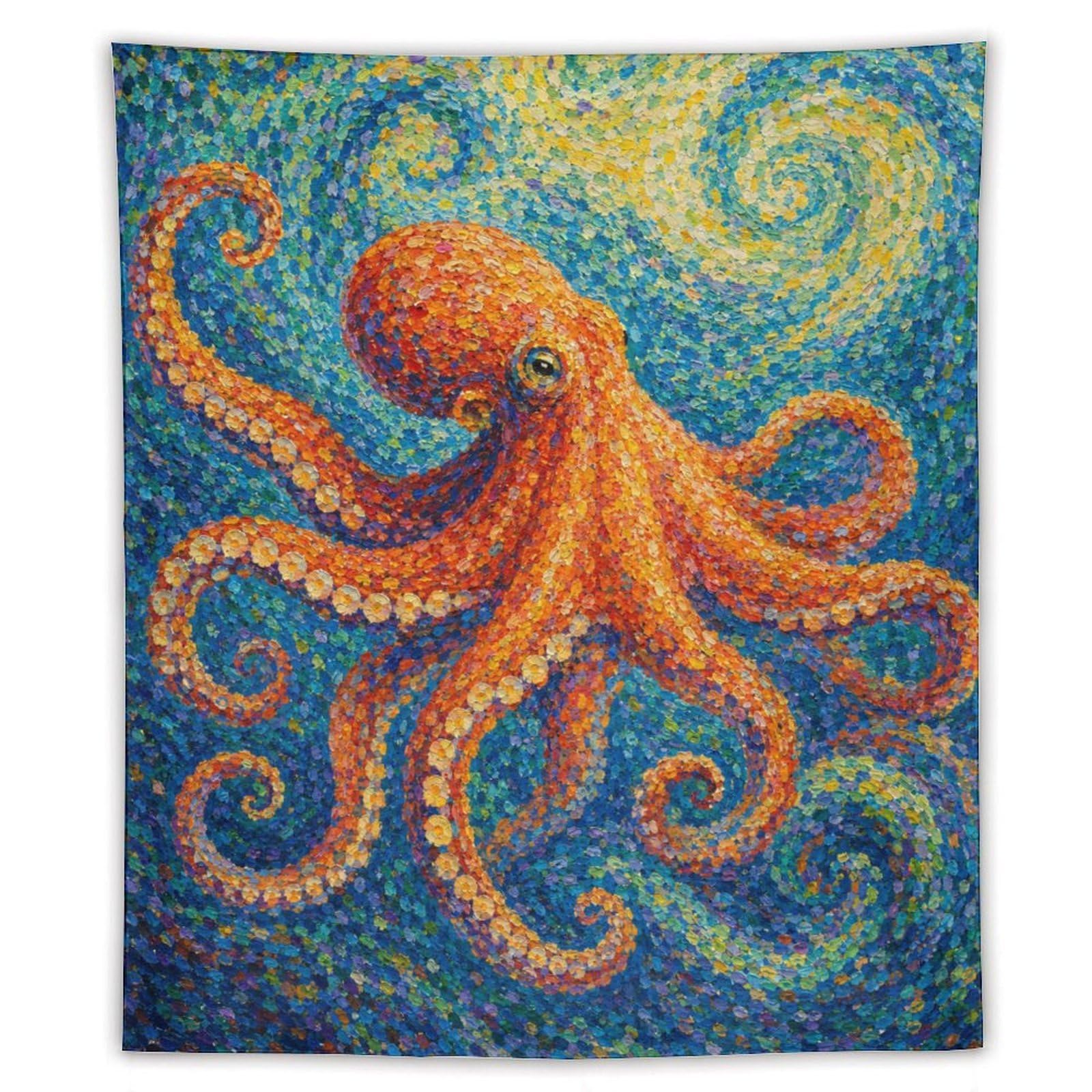 W7C8U2X3 Orange Octopus Wall Tapestry, Impressionist Style, Entryway