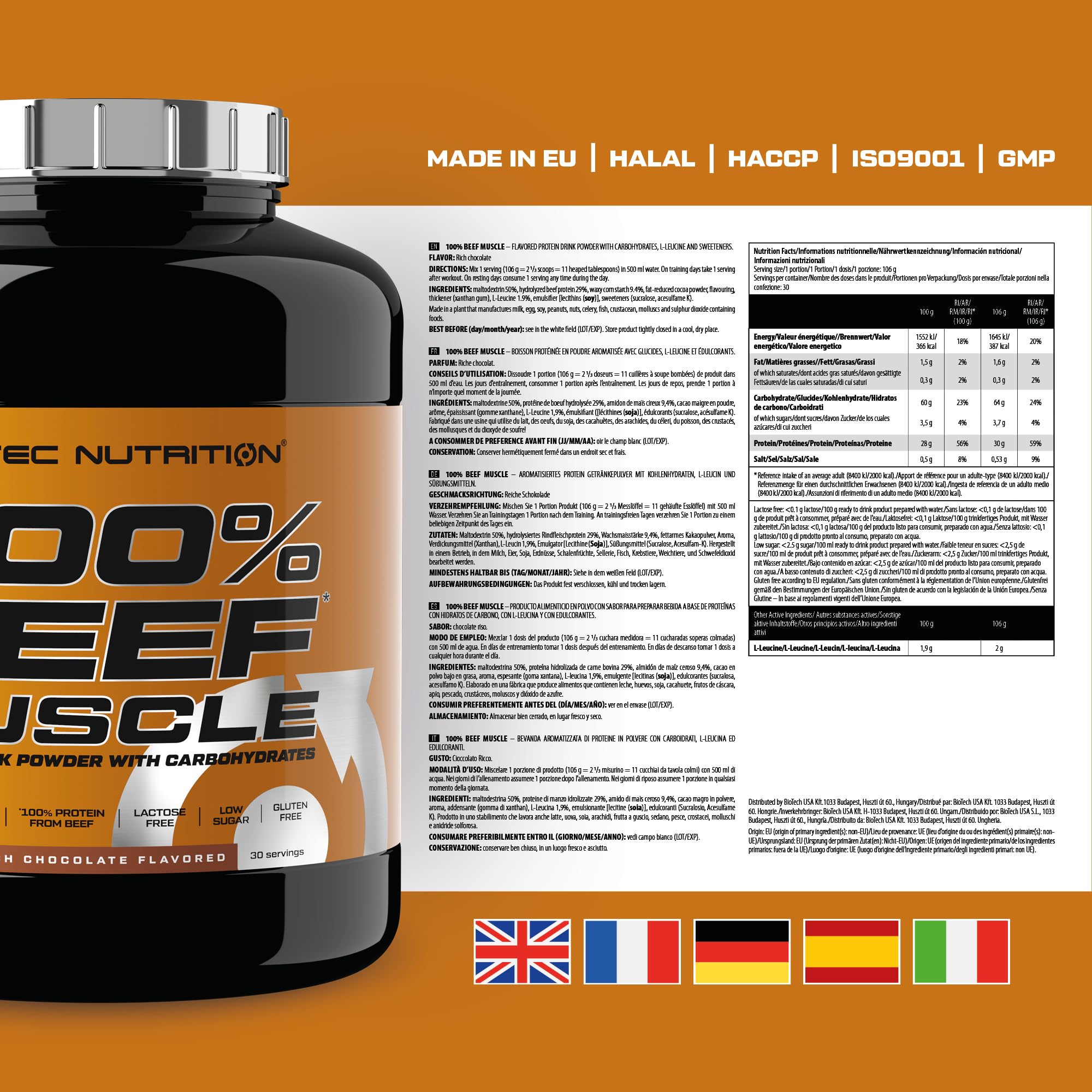 Scitec Nutrition 100% Beef Muscle, Bevanda aromatizzata di proteine in polvere con carboidrati, L-leucina ed edulcoranti, senza lattosio e glutine, a basso contenuto di zucchero, 3180 g, Cioccolato