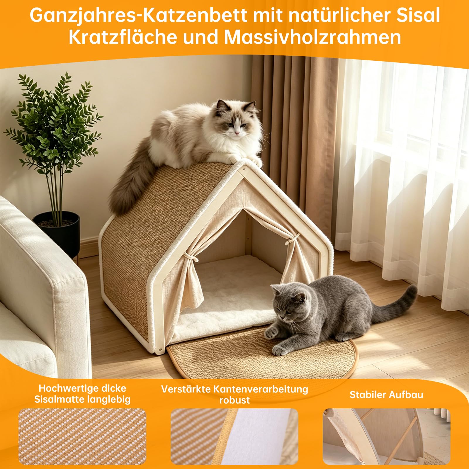 Katzenhaus mit Kratzbrett,2-in-1 Holz Katzenzelt Indoor mit Sisal - Beige