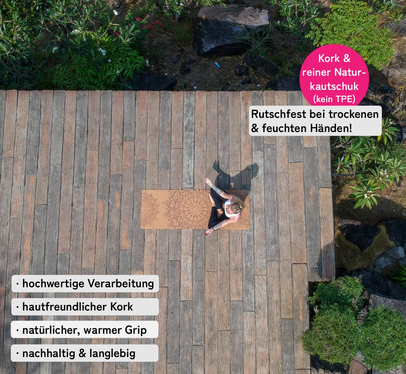 Premium Yogamatte Kork | Naturkautschuk & Kork | inkl. Tragegurt | Yoga Matte Kork: natürlich rutschfest | robust & langlebig | 183 x 66 x 0,4cm | inkl. Tragegurt | Yoga Matte rutschfest