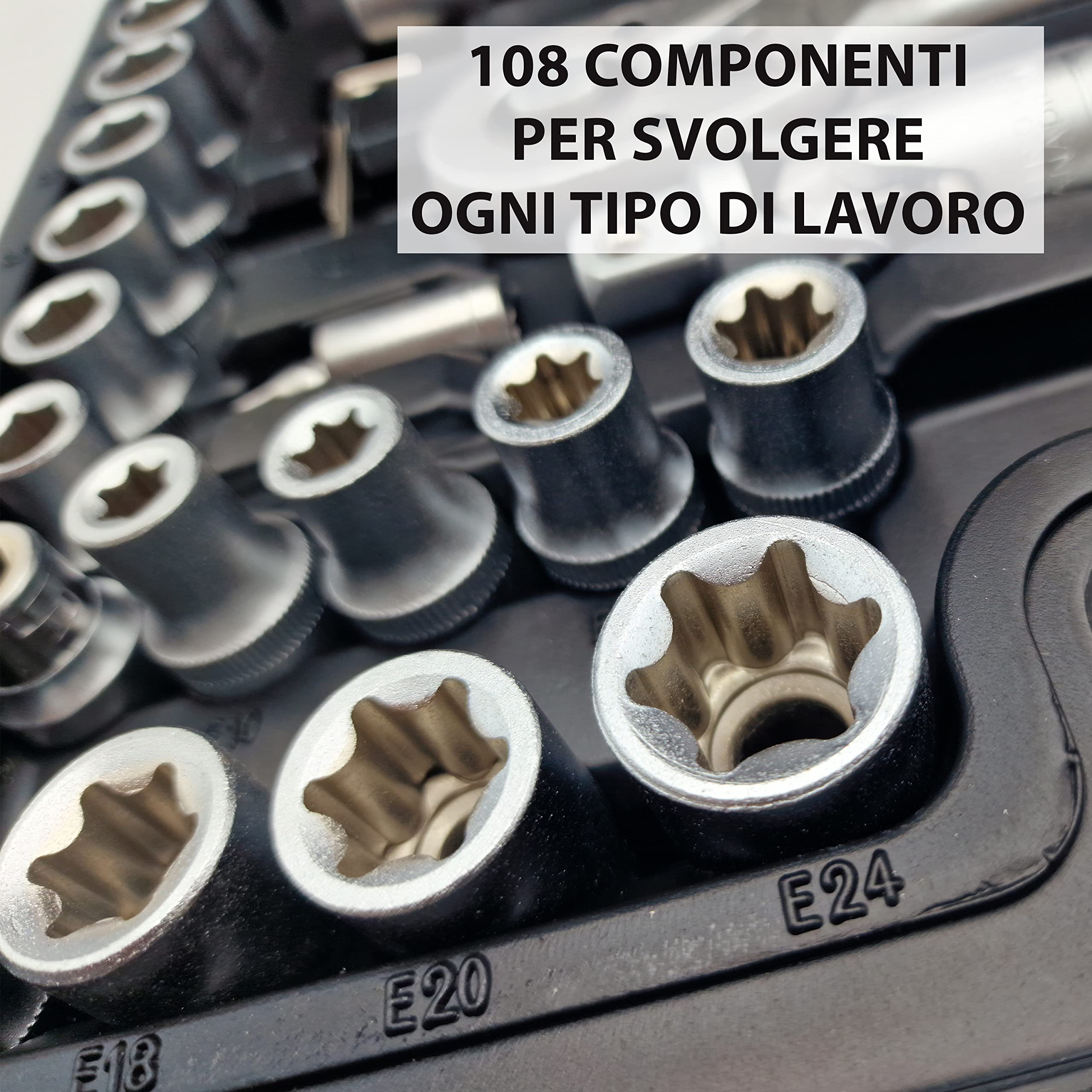 MAKA Valigetta Porta Attrezzi a Bussola Esagonali Professionale 108 Cricchetto Reversibile Pezzi Chiavi Inserti Avvitatori a Snodo Acciaio al Cromo Vanadio Punta Adattatore (108 Pezzi)