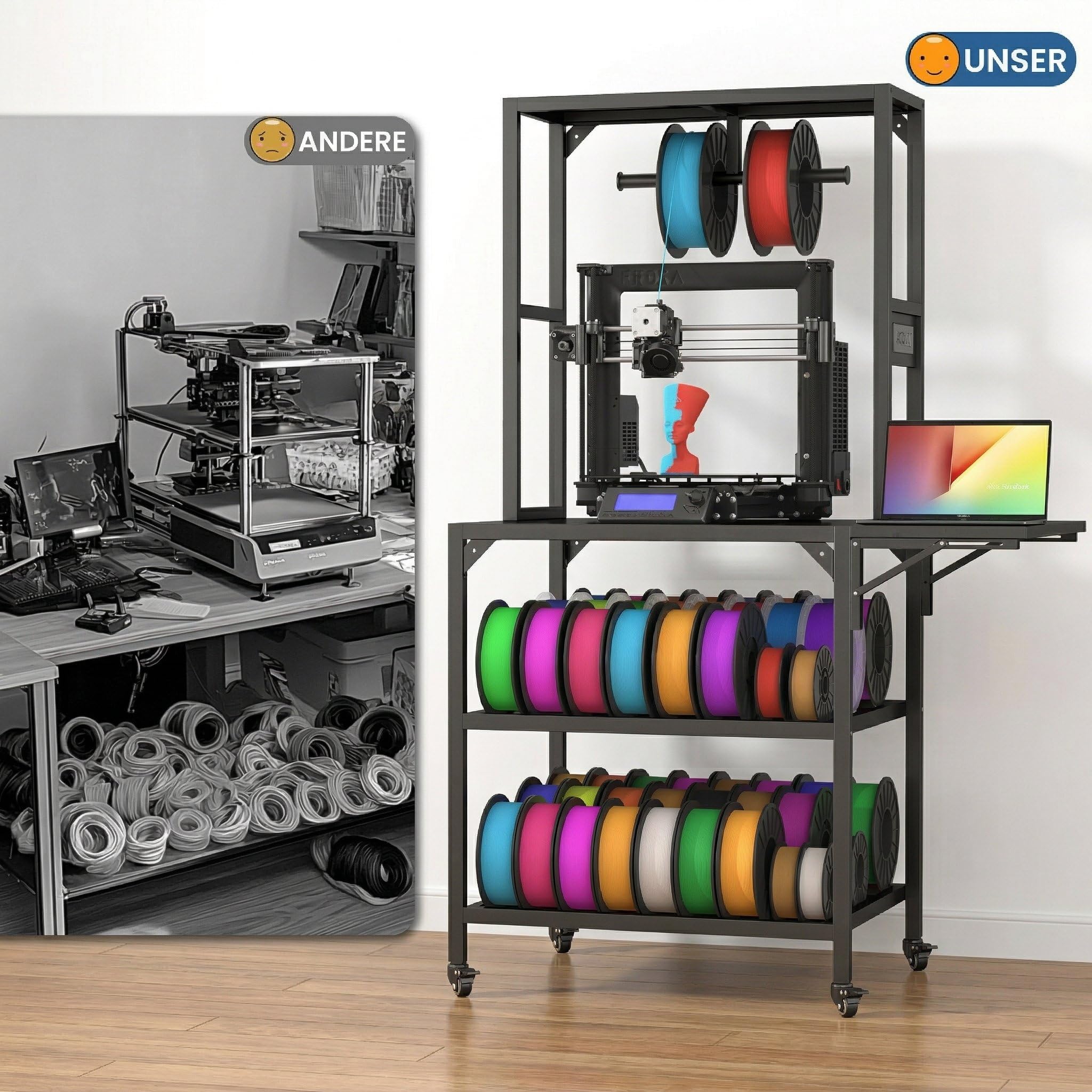 Supporto per stampante 3D con vassoio per filamenti e ruote, stabile a 2 livelli, supporto da tavolo con supporto per bobina a T, per casa, ufficio, officina, studio di stampa 3D, adatto per la