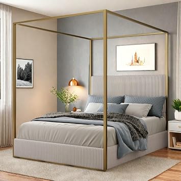 SOFTSEA Canopy Bed Frame with Tall Upholstered Headboard, Queen Size Metal 4 Poster Bed with Corduroy Headboard, 4-Post Upholstered Platform Frame for Bedroom, No Box Spring Needed, Gold+Beige