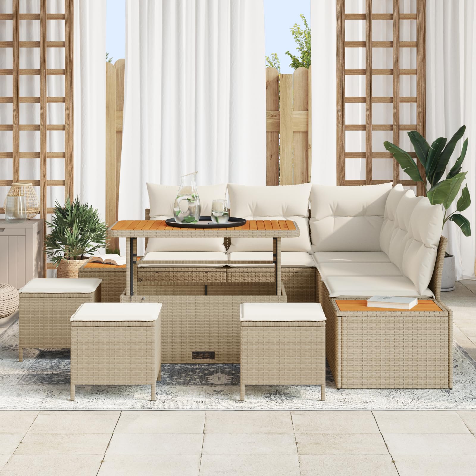 Stylowy 5-osobowy zestaw mebli rattanowych do ogrodu i na taras, beżowo-kremowy, meble outdoorowe ze zdejmowaną poduszką