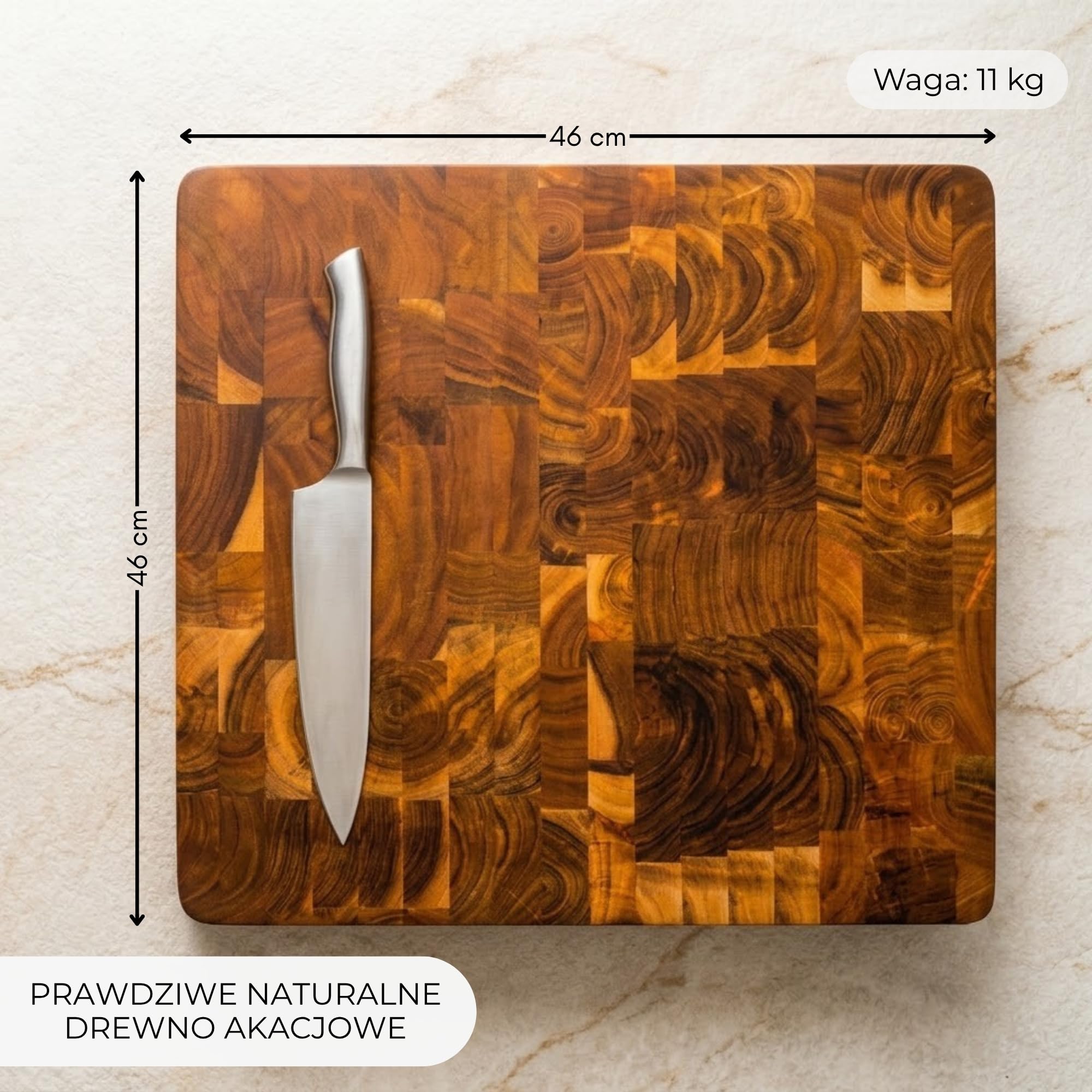 Erreke Deska z Naturalnego Drewna Akacjowego End Grain, 46x46x7,5 cm
