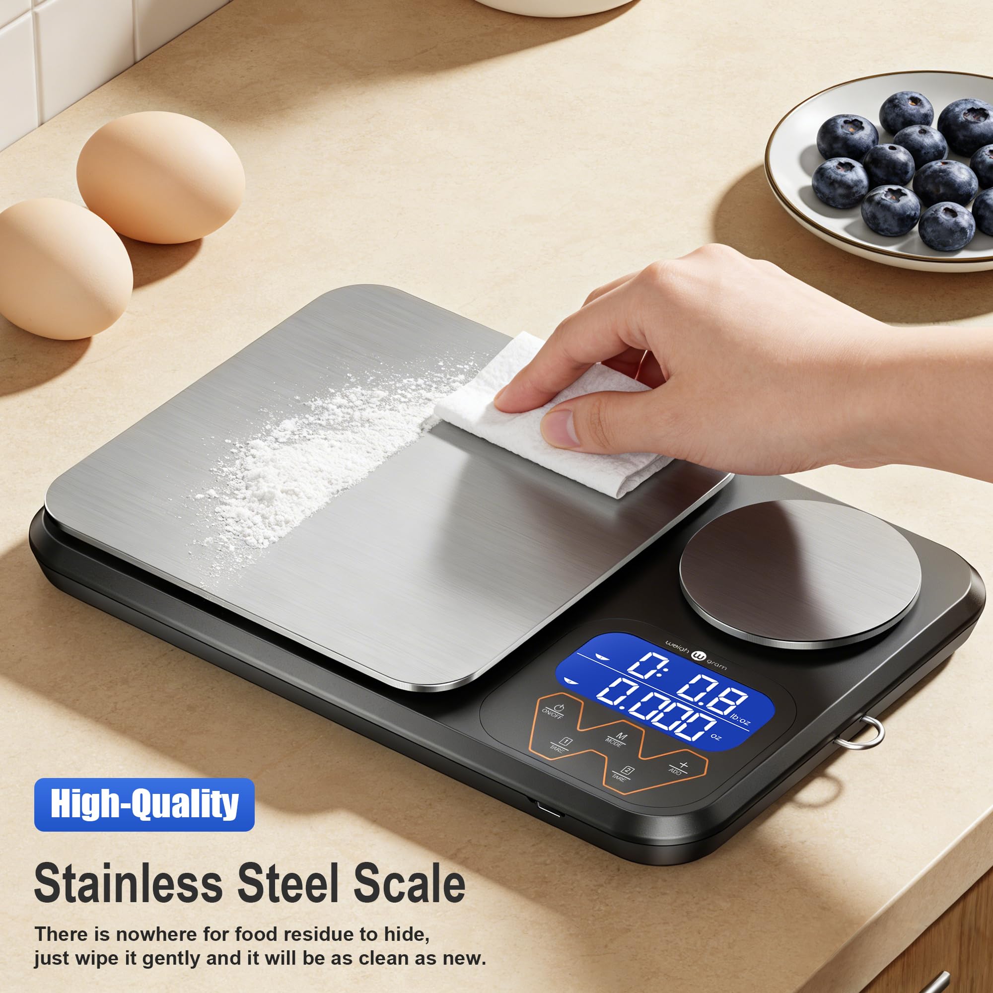 Weigh Gram 0,01 g/5 kg Dual-Plattform-Küchenwaage, digitales Gewicht, Gramm und Unzen, zwei Präzisions-Küchenwaage für Sauerteigbrot, Backen und Kochen, mit 7 Einheiten Tare, Akkumulationsfunktionen