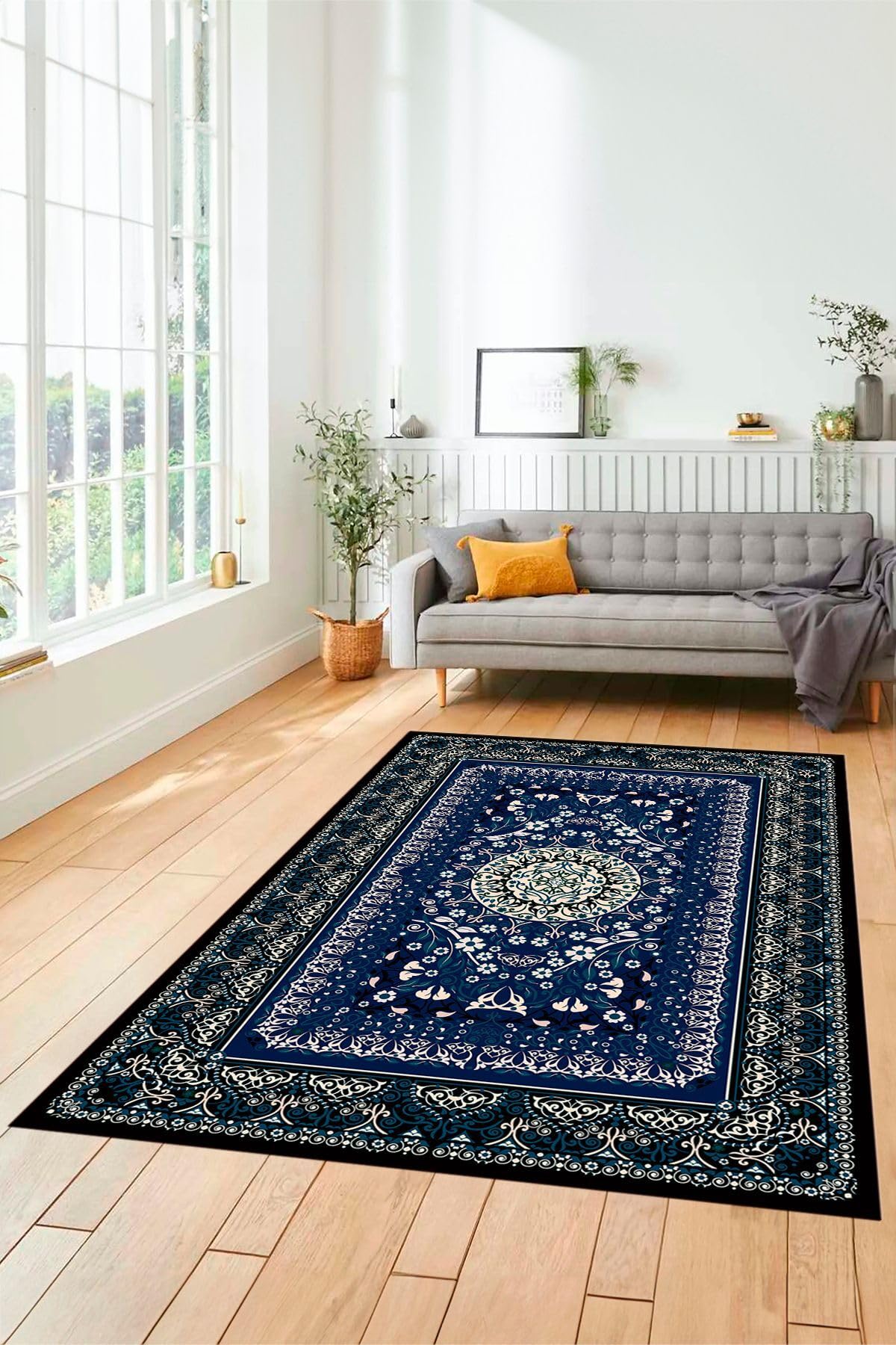 Evdeya Şık Klasik Desen Dijital Kaymaz Taban Yıkanabilir Yolluk Mutfak Salon Halısı KLASİK-14, Mavi, 80 x 200