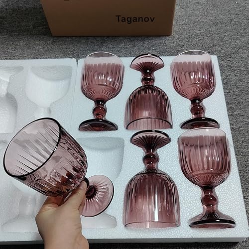 Miniatura 3 de Juego de 6 vasos morados para beber de agua de vino de colores, vasos rosados, cristalería de 11 onzas para boda, fiesta, bar, con patrón vertical