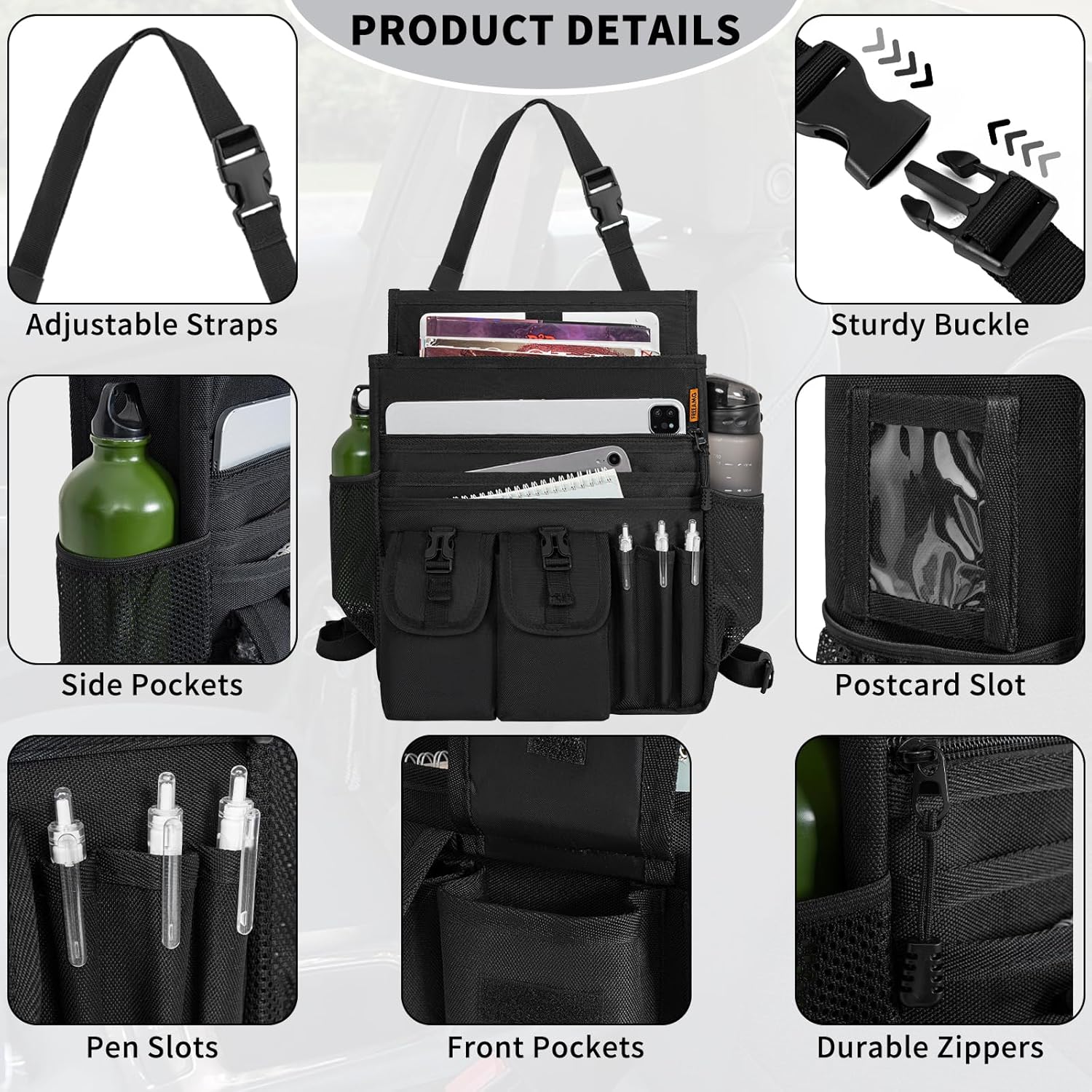 Car Front Seat Organizer Backseat Organizer with Dedicated Tablet Laptop Storage Adjustable Shoulder Strap Cup Holder Truck Seat Storage Universal Fits for Most of Car