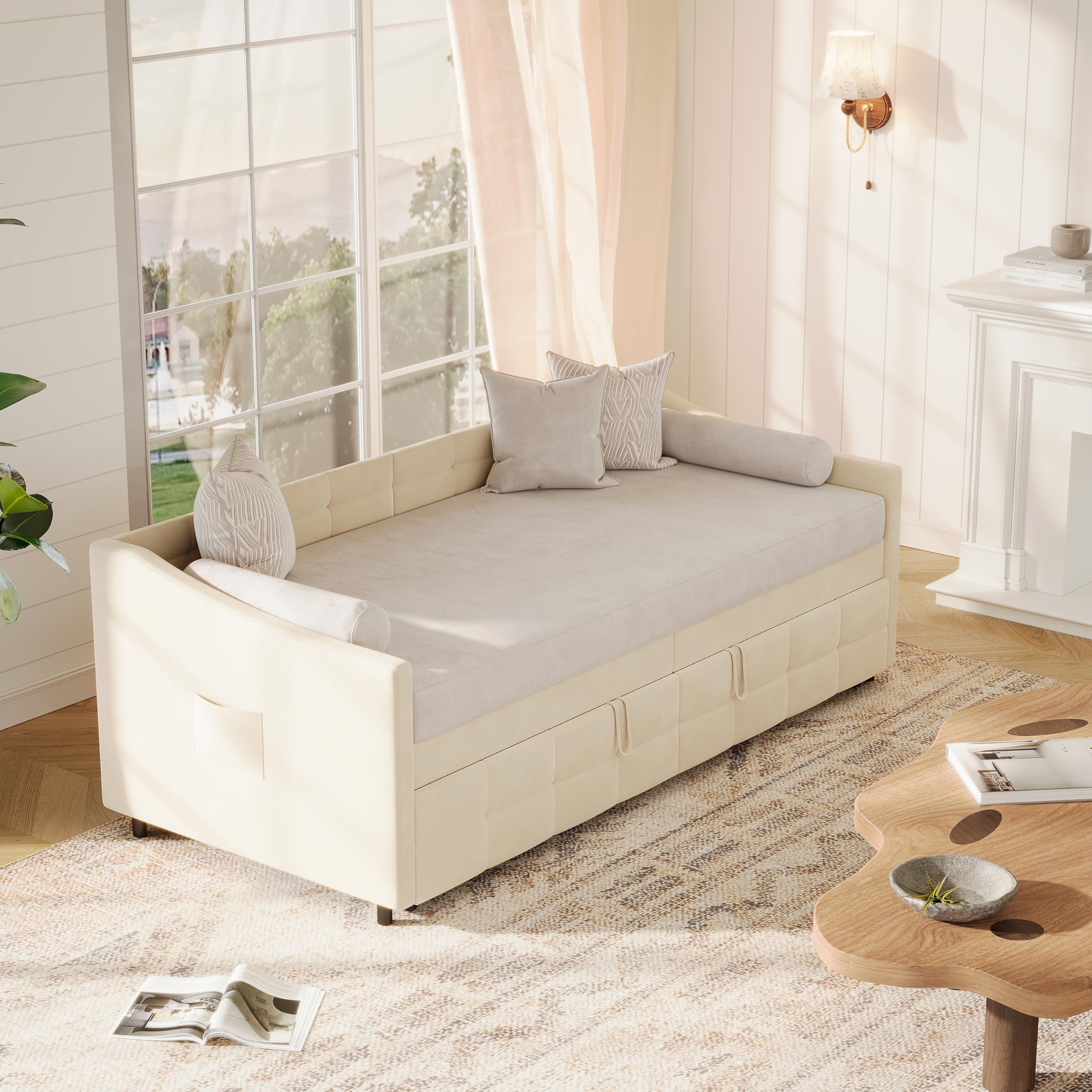 PerGar Sofá cama 90/180 x 200 cm, cama extensible con somier de láminas de madera, sofá cama con cajón, cama nido, cama individual/doble, cama multifunción, franela, sin colchón (color crema)