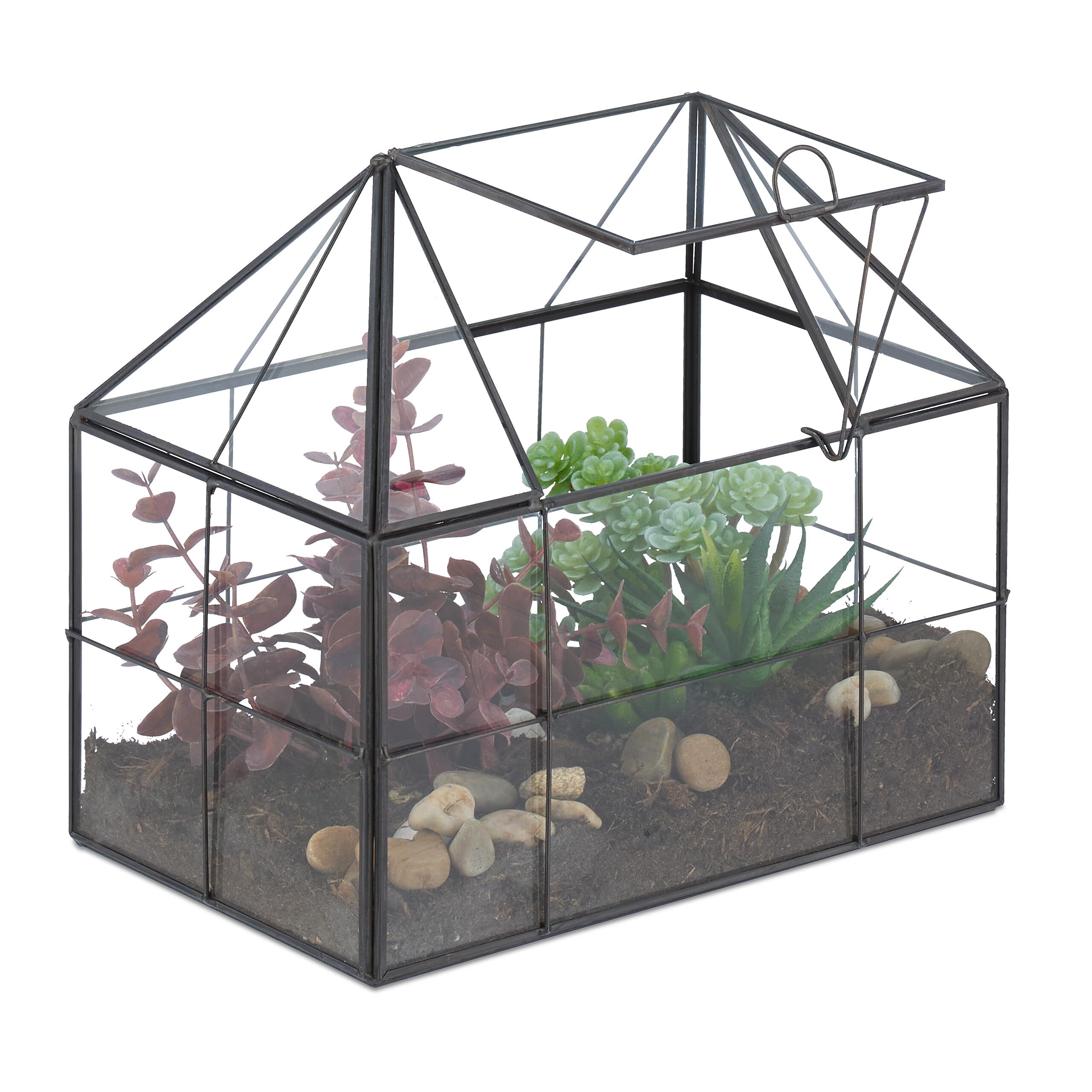 Relaxdays Terrario Plantas, Cristal y Cobre, 21x23x14 cm, Casa Decorativa Vidrio para Cactus y Musgo, Terrarium, Negro