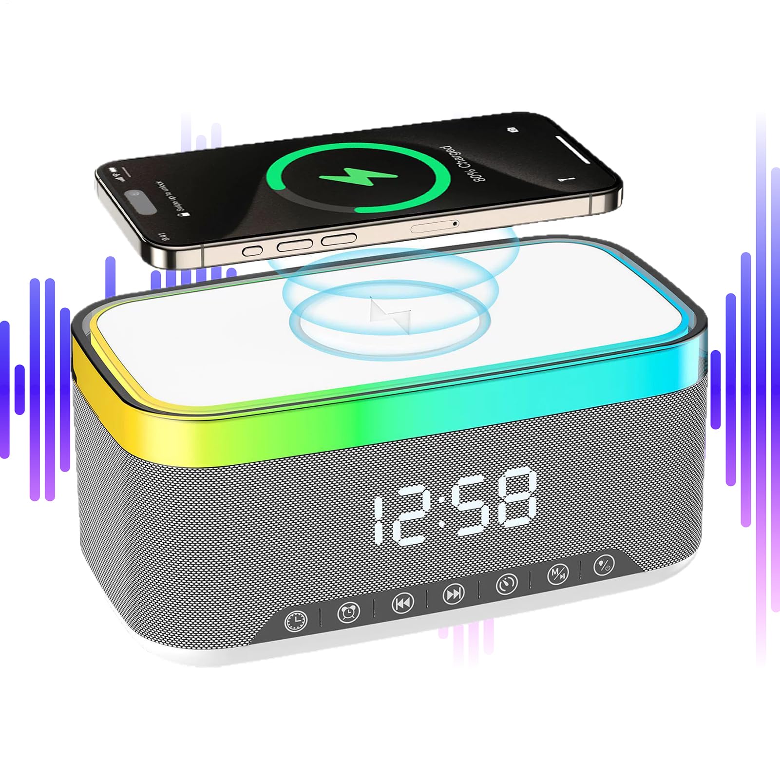 Cargador inalámbrico digital con altavoz para mesita de noche y despertador hogar