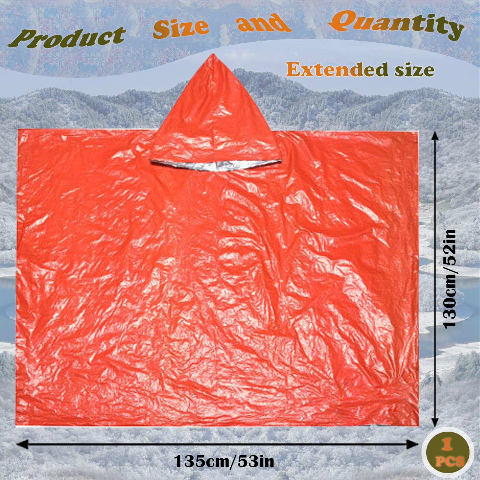 LPSJSFSS Plus Size Emergency Survival Thermal Poncho, Mylar Liner - Retains 92% Body Heat, Reversible, Waterproof, Windproof, Portable, Hands-Free, Outdoor Kit, Hiking, Camping (Orange)