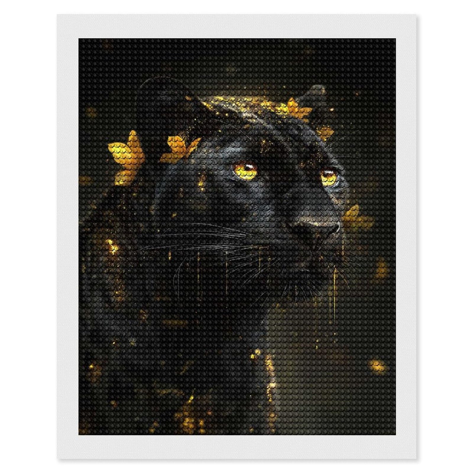 Junmoney Golden Eyes Black Panther Diamond Painting Set 16"x20", Neat Printed Canvas, with Tool Kit, Bedroom Decor, Gift Idea, Complete Accessories