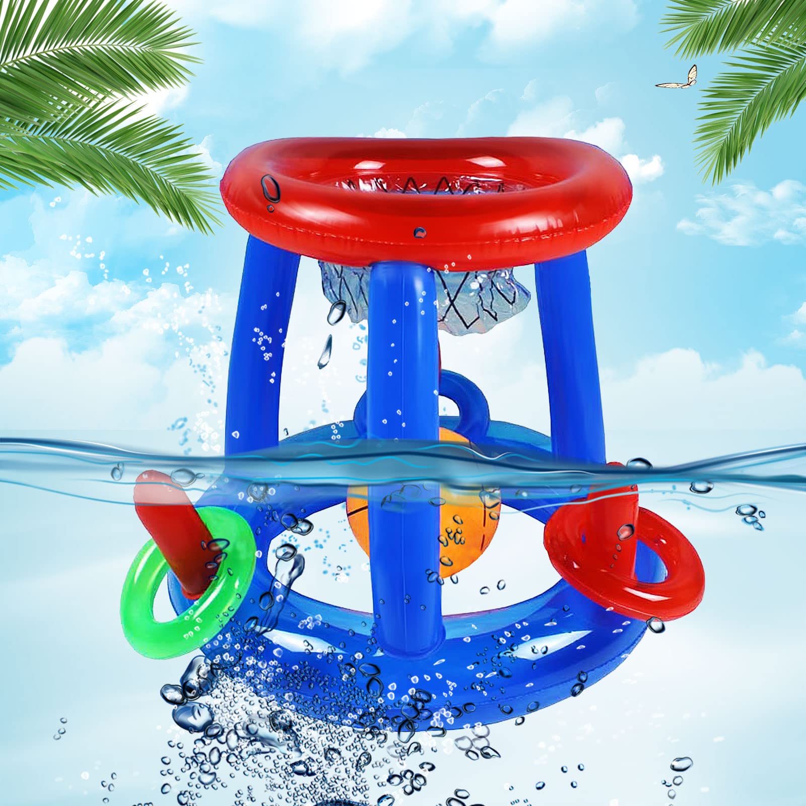 Pool Toys Games Set Inflatable Swimming Pool Basketball Hoop Game Set with Balls and Inflatable Ring Toss, Pool Toss Game for Kids and Adults Swimming Pool Toys Water Game