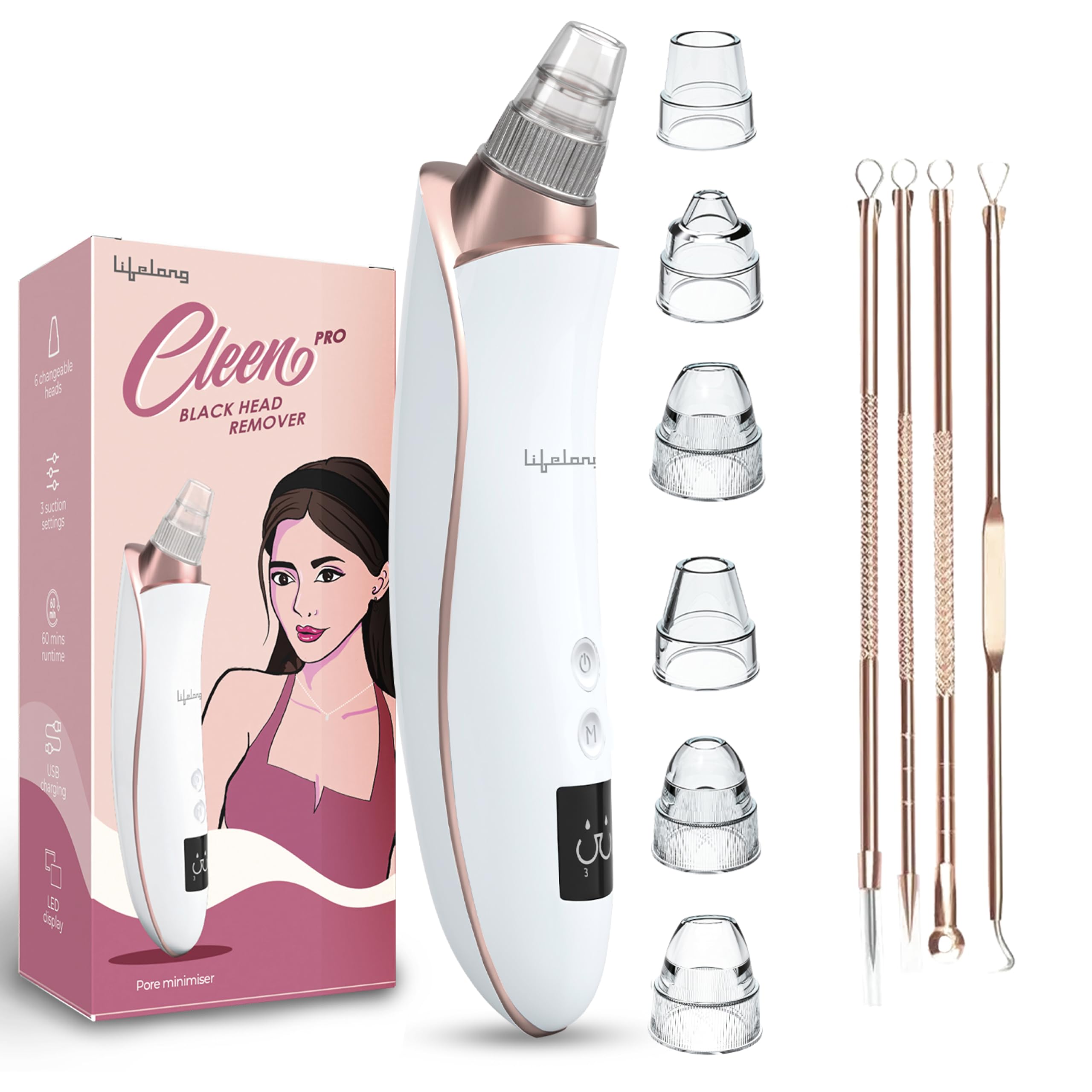 Lifelong Cleen Pro 6-in-1 Blackhead Remover & Suction Device |Deep Cleaning Facial Pore Cleaner for Women & Men with Skin Tightening, LED Display, USB Recharge, 6 Attachments & Set of 4 Blackhead Pins-image-3