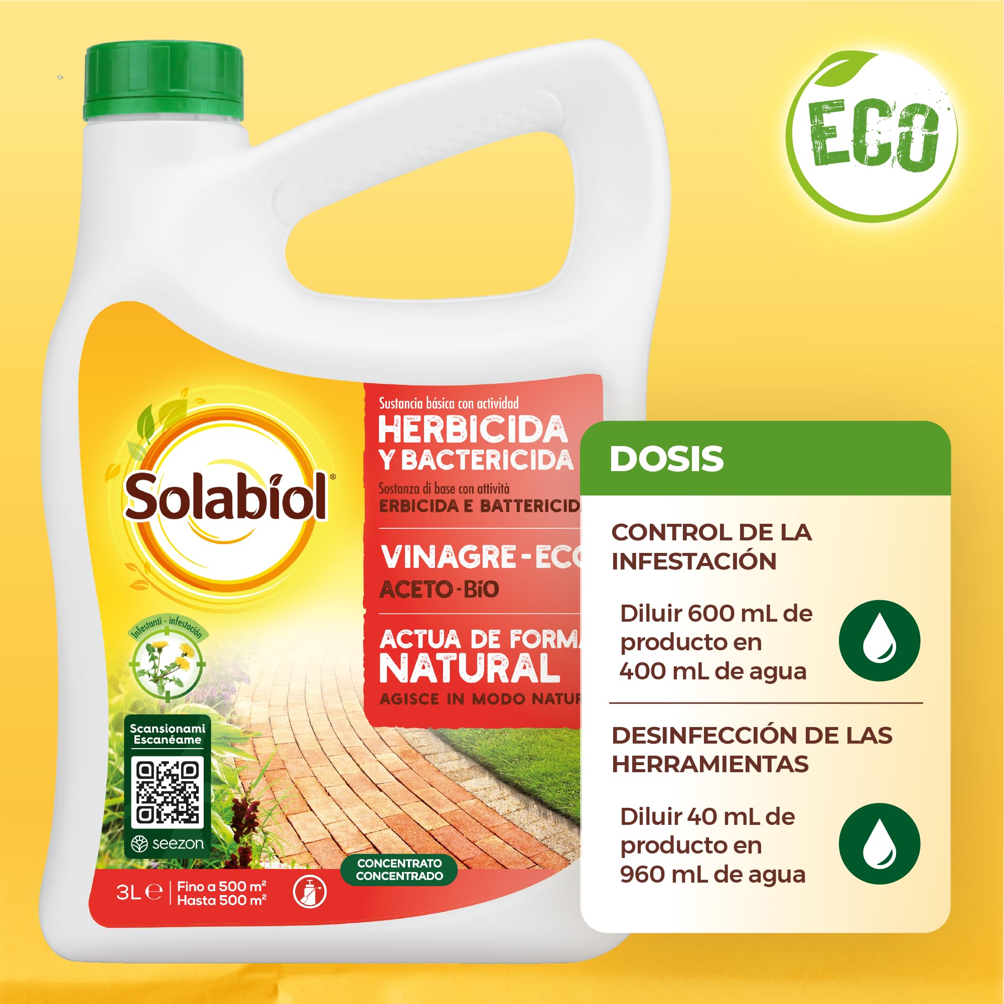 Solabiol, herbicida orgánico completo listo para usar, herbicida para malas hierbas y musgo con efecto desecante, ideal para calzadas y bordes, 3L