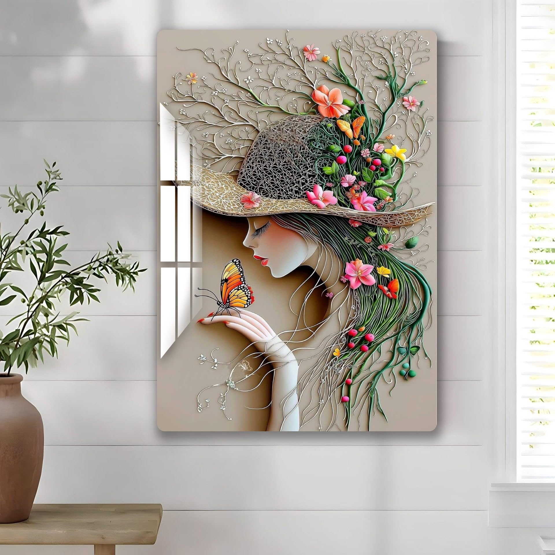Tnglov Customized Acrylic Gloss Finish Elegant Floral Woman with Butterfly Wall Art Painting | Modern Decorative Acrylic Artwork for Living Room & Bedroom |Luxury Vibrant Color Large Wall décor Frameless Shatter Resistant Artwork Ready to Hang | housewarming gift, new home gift, office gift (3MM) (12*18)-image-43