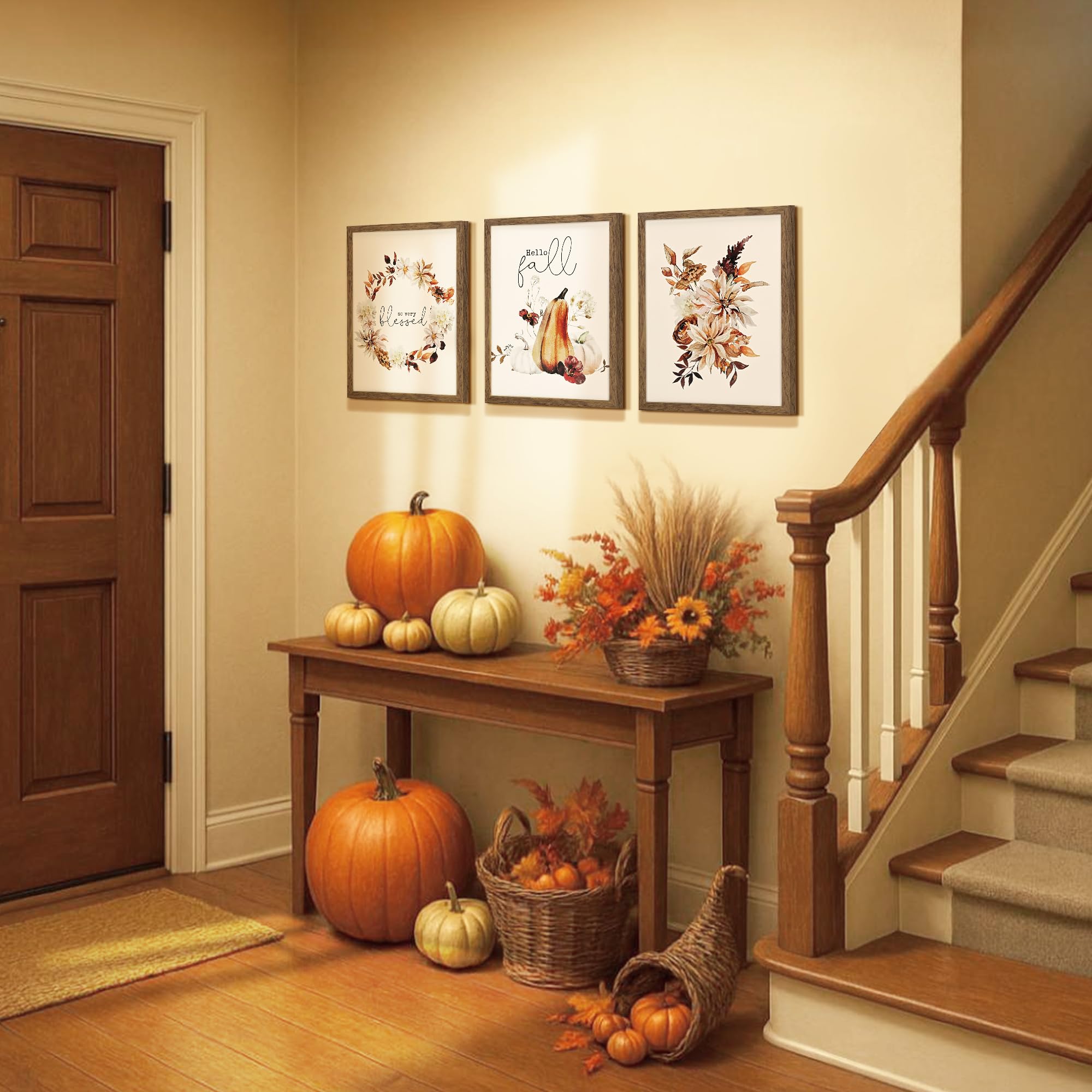 A fall-themed outdoor entryway decorated for Thanksgiving with seasonal colors and natural elements.
