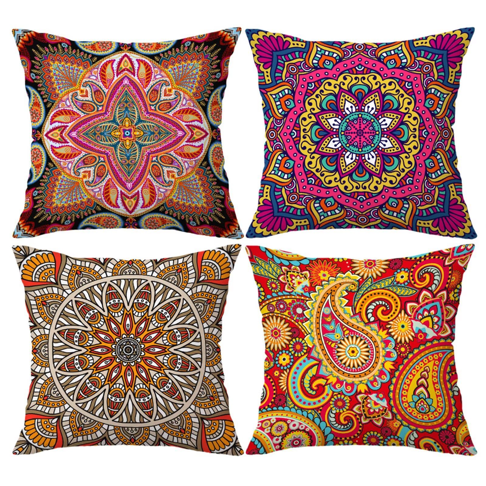 QiHon Cushion Covers 60x60 cm Set of 4 Pink Yellow Bohemian Linen Square Pillow Cases 24x24 inch Modern Decorative Throw Pillow Covers for Sofa Couch Bedroom Home Office with Invisible Zipper