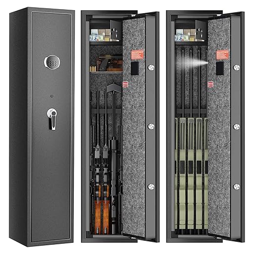 ETE ETMATE Rifle Safe, Gun Safes for Home Rifle and Pistols Quick Access 5-Gun Large Metal Rifle Security Cabinet with Built-in Lock Box, Removable Storage Shelf and LED Light, Gun Cabinet for Rifles Shotguns Firearms Ammo (US Stock)