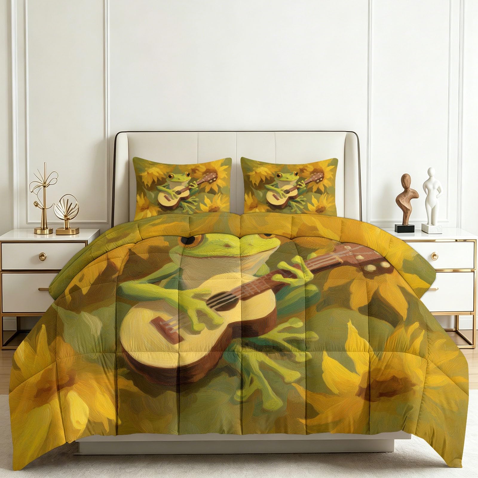 Couette imprimée 200x200 cm botanique verte avec 2 taies d'oreiller pour lit 2 personnes