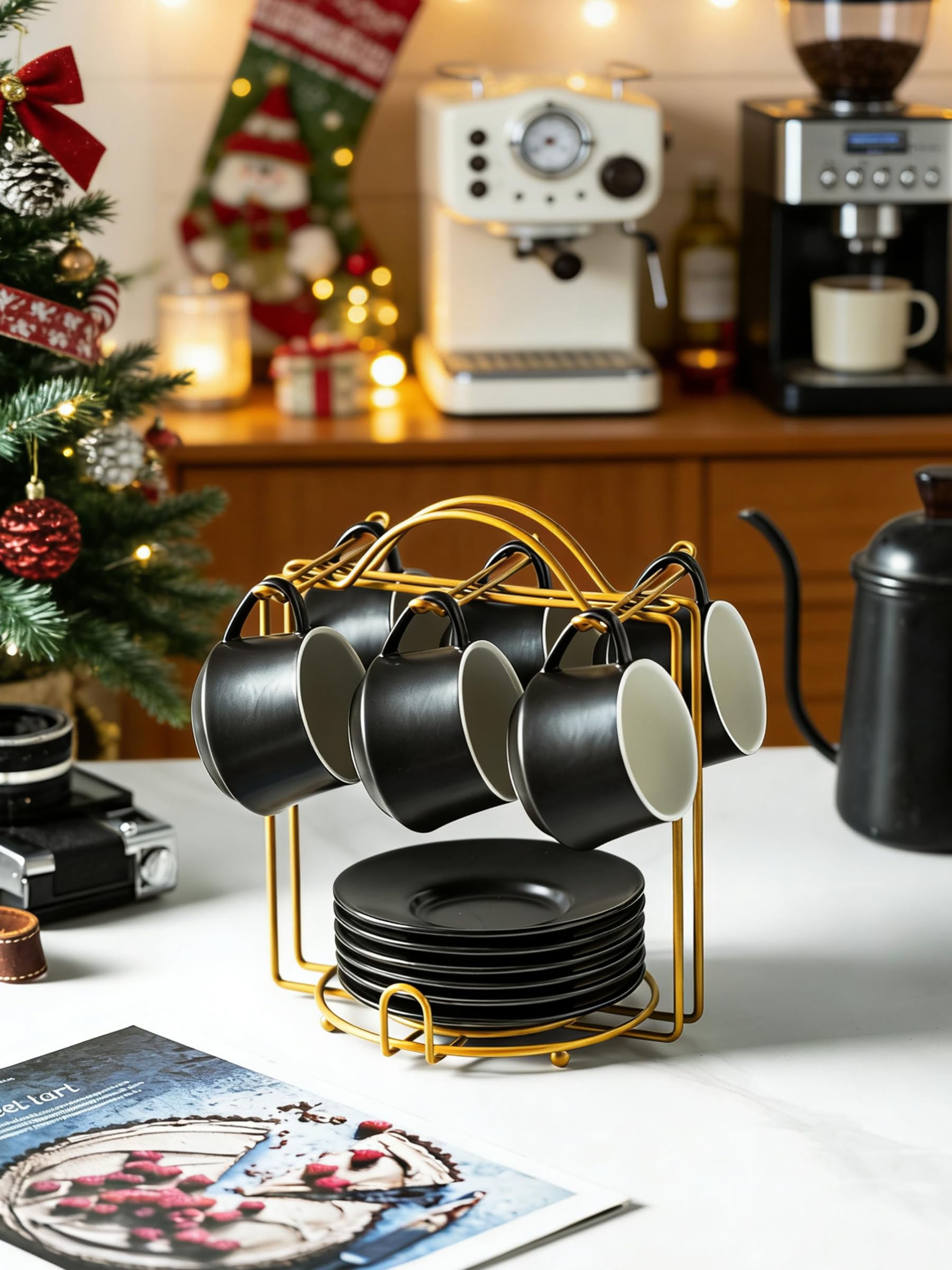 YHOSSEUN Juego de 6 tazas de café expreso de cerámica de 4 onzas con soporte, platillos y cucharas, tazas de café pequeñas Demitasse para el día del padre, accesorios de espresso para máquina, color