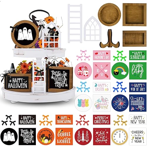 Farmhouse Tiered Tray Decor Set - Interchangeable Seasonal Holiday Rustic Wooden Frames with Cards, Mini Arch, Ladder for Home Kitchen Table Halloween Decorations Centerpiece
