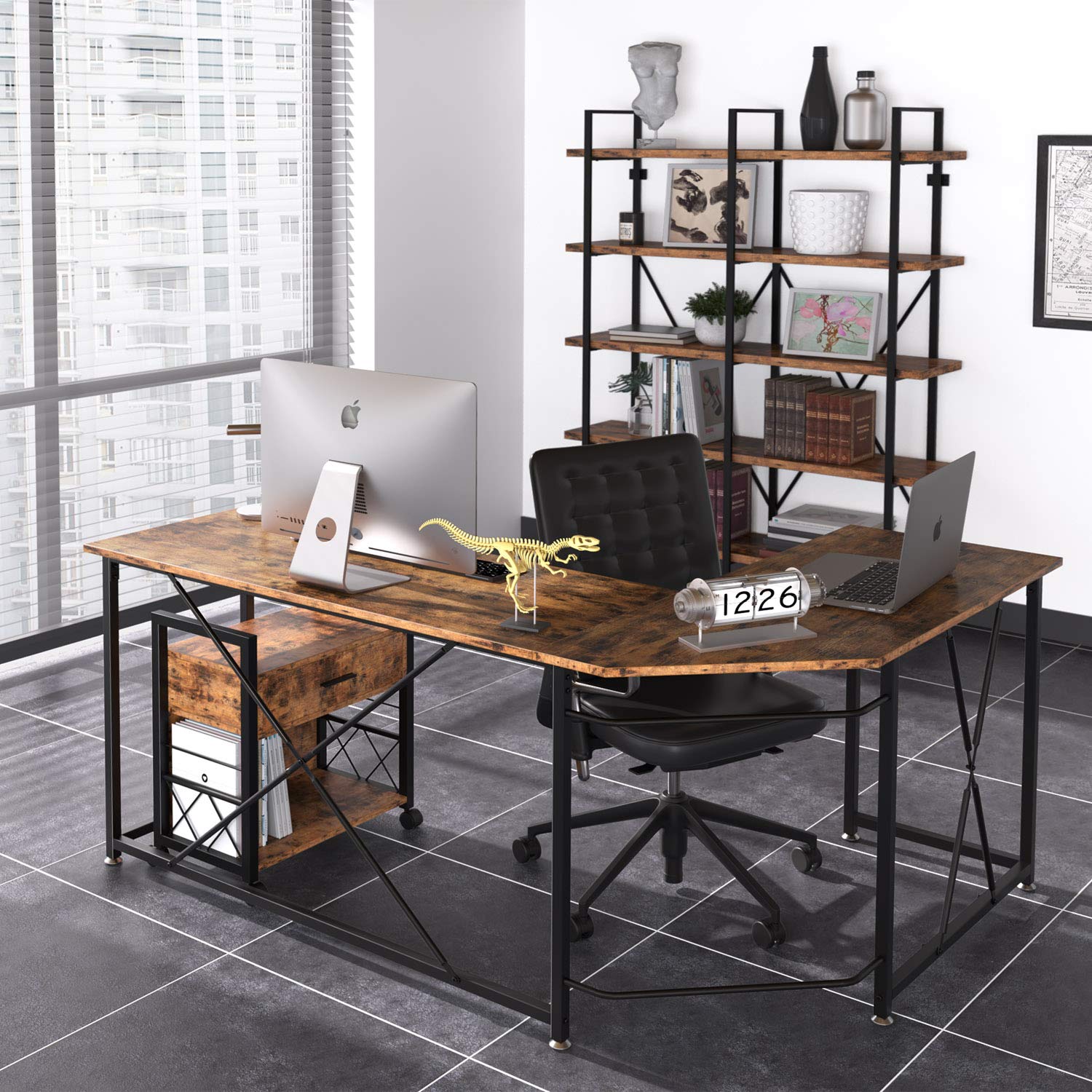 IRONCK LShaped Computer Corner Desk, Industrial LShaped Writing Workstation, Gaming Desk for