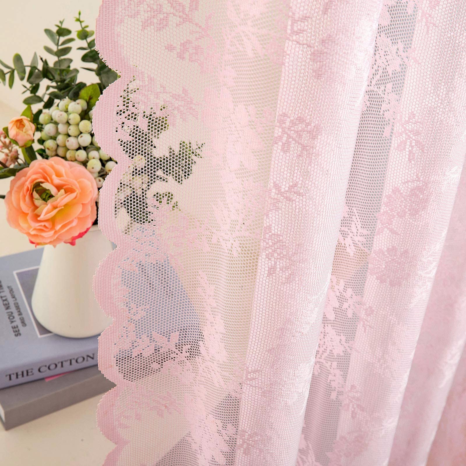 MIULEE Tende di Pizzo-Tende Rosa Chiaro per Finestre in Pizzo Trasparente Ricamate Floreali per Camera da Letto Soggiorno, Tenda Ricamate con Occhielli, 2 Pezzi Tenda, 2 X150x245cm(LxA)