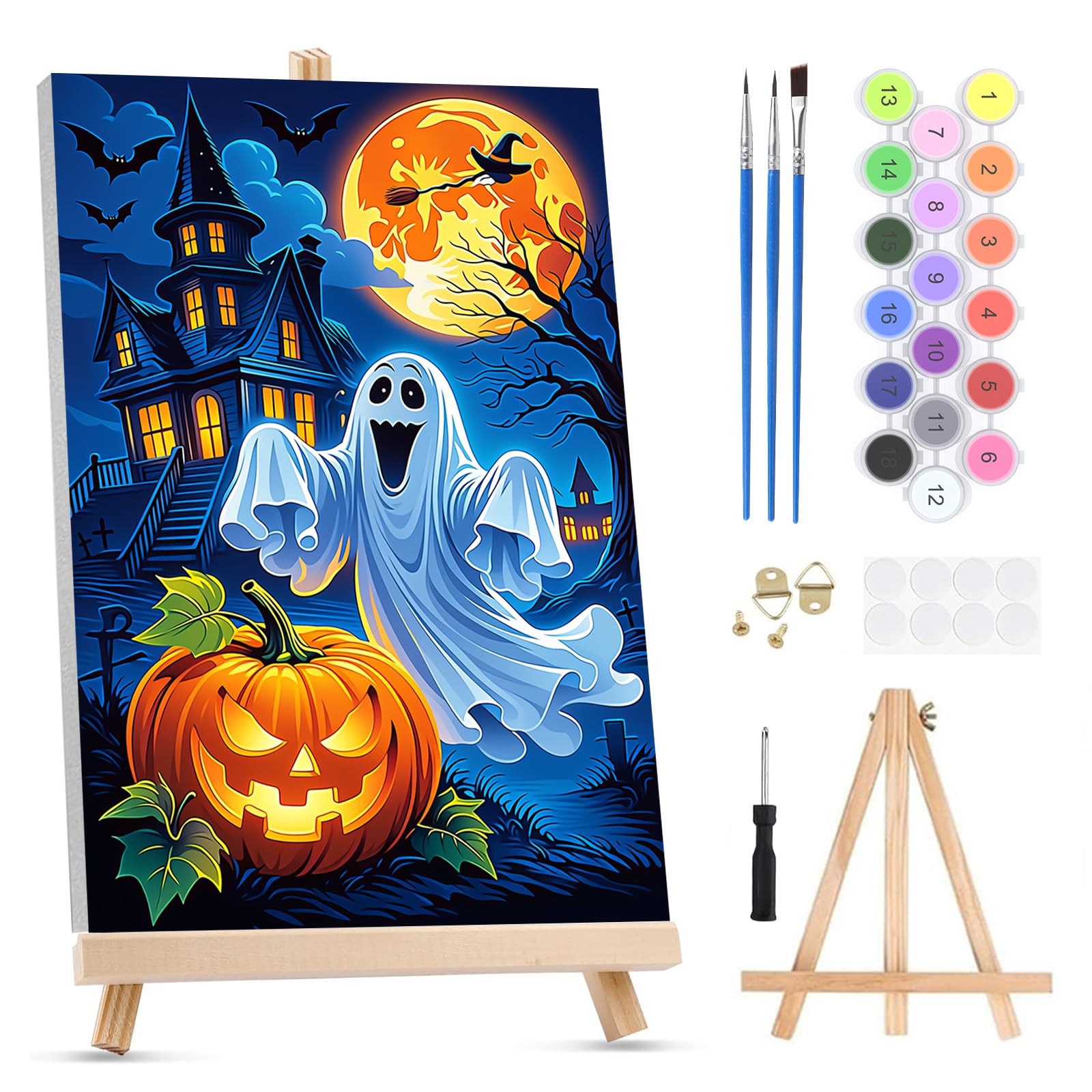 QENSPE Paint by Numbers for Adults on Framed Canvas - with Wooden Easel, Halloween Painting by Number Kit for Beginners, DIY Ghost Acrylic Oil Painting for Home Wall Decor 8x12 Inch