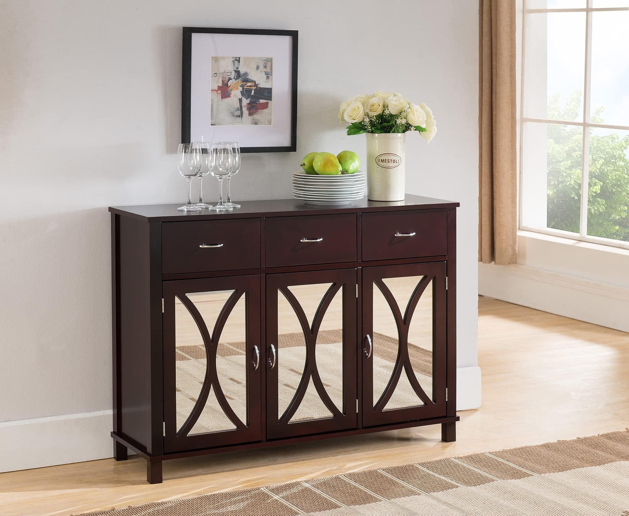 Kings Brand Furniture3-Door Sideboard Buffet Server Cabinet, Mirrored Doors/Espresso