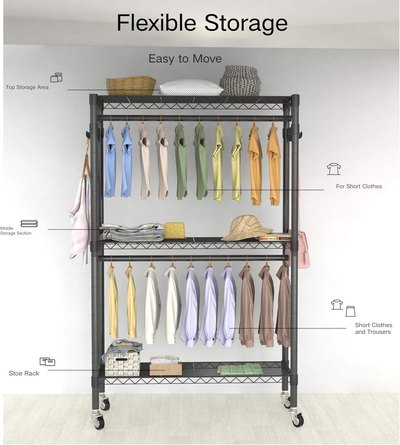 V12 Black Heavy Duty Rolling Garment Rack with Adjustable Shelves