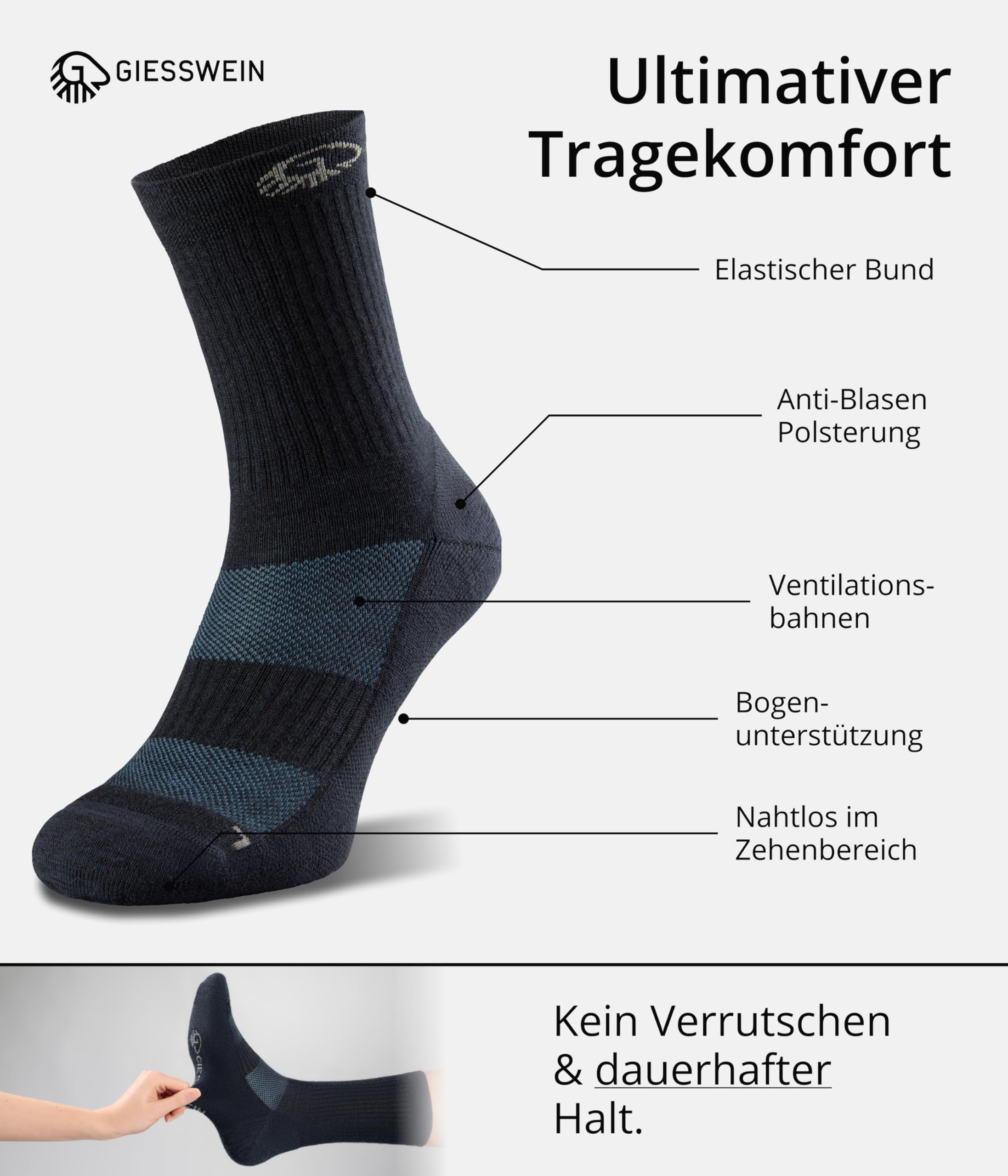 Giesswein Calze da trekking Merino | Calzini termici traspiranti in merino extra caldi, 3 paia di calzini da sci e invernali senza punti