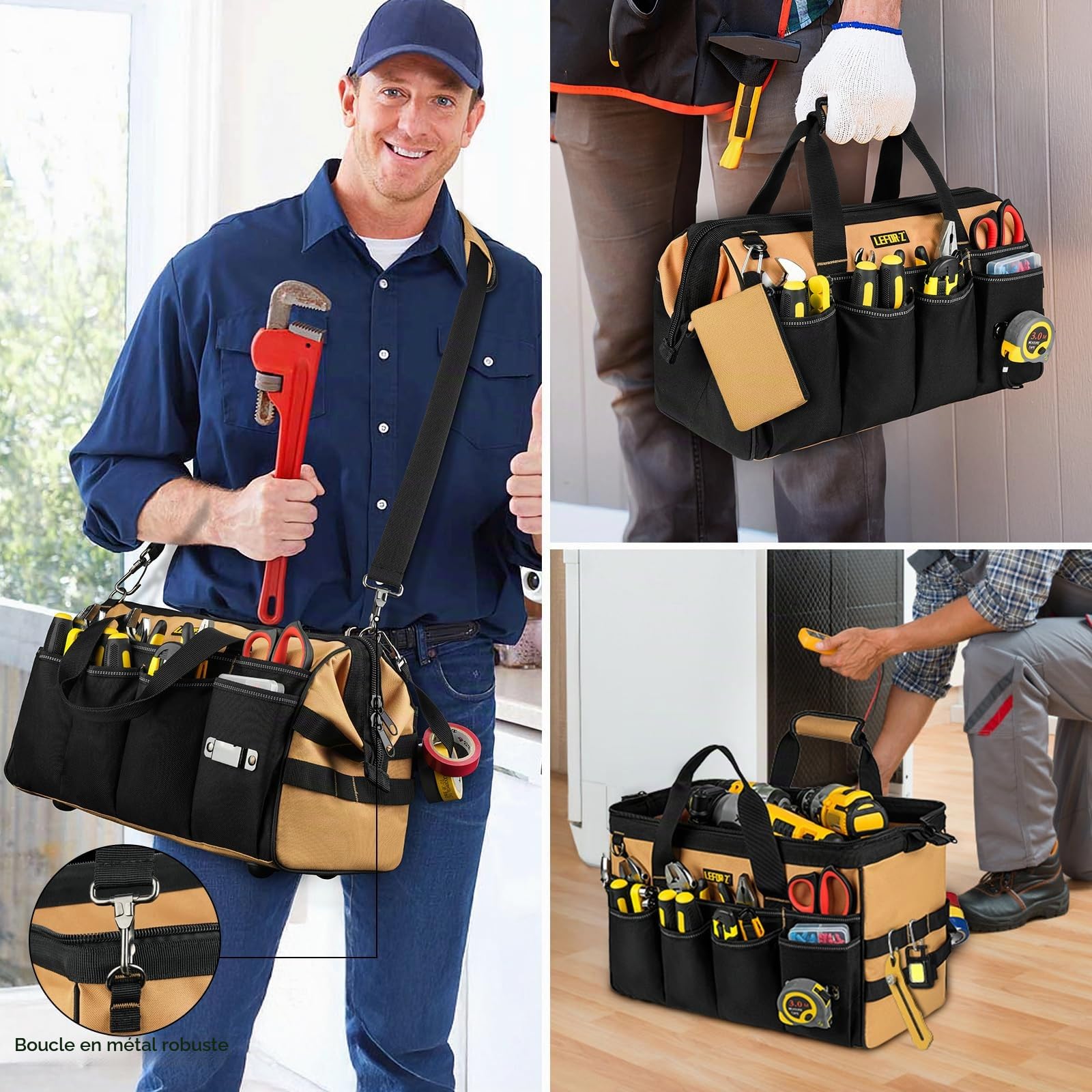 Sacoche Outils,Sac Outils vide,27 Poches Grand Ouverture Robuste Sac à Outils,Organiseur de Rangement,étui de Transport pour Papa,Homme,Mécanicien,électricien,Jardinage,Noir Marron(Sac Uniquement)