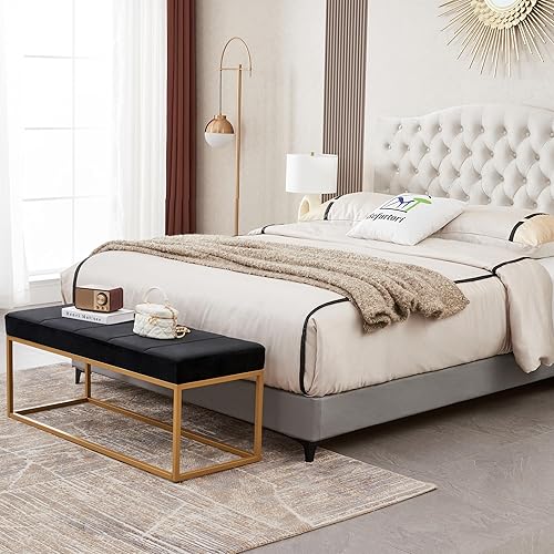 Miniatura 5 de Befurtori Banco de terciopelo para dormitorio, banco tapizado en el extremo de la cama con marco de metal, moderno banco de entrada de canal