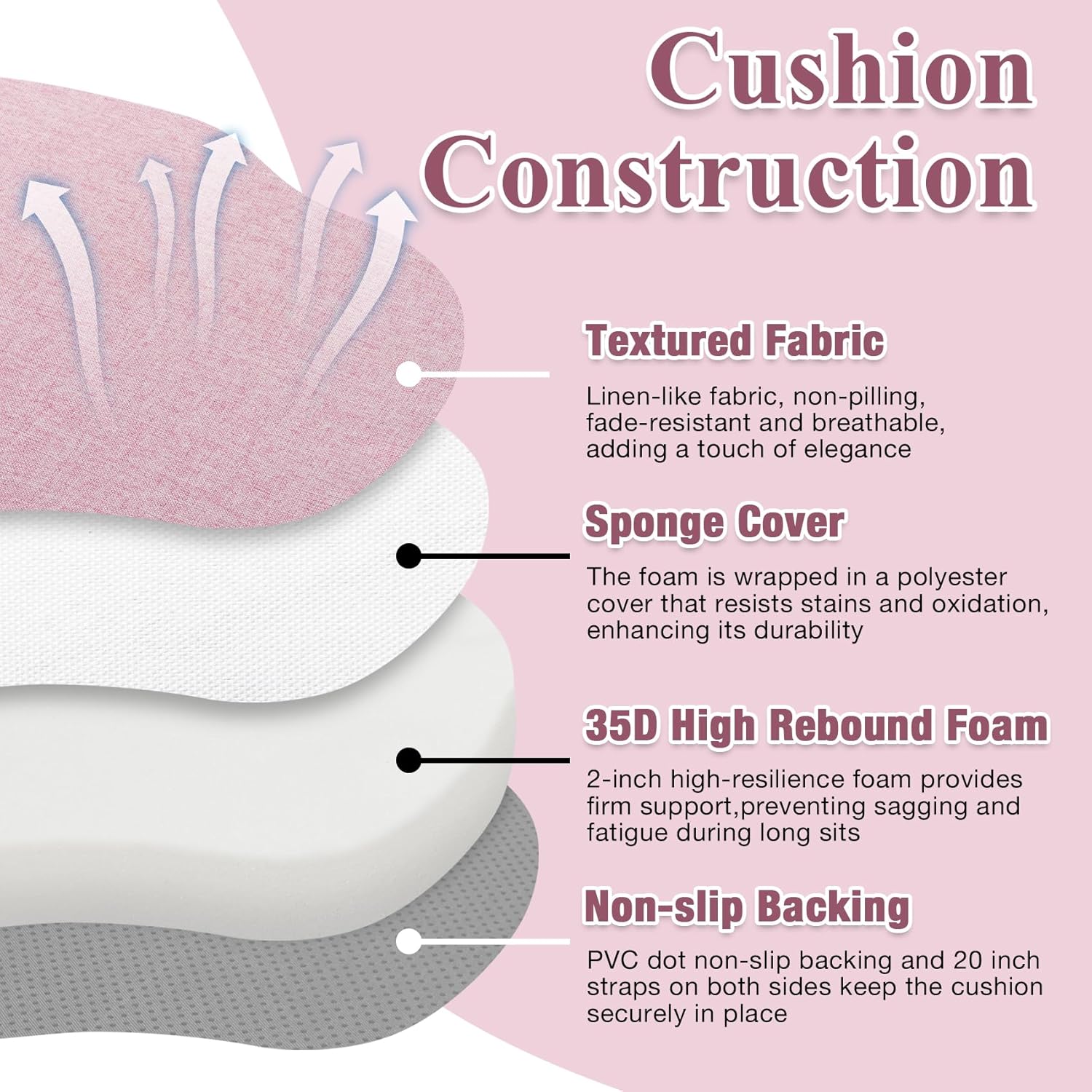 Dusty Pink Winsor Chair Cushions with Ties, Dining Kitchen Chair Seat Pads Non Slip Removable Washable Cover 17"x16" 2 Pack