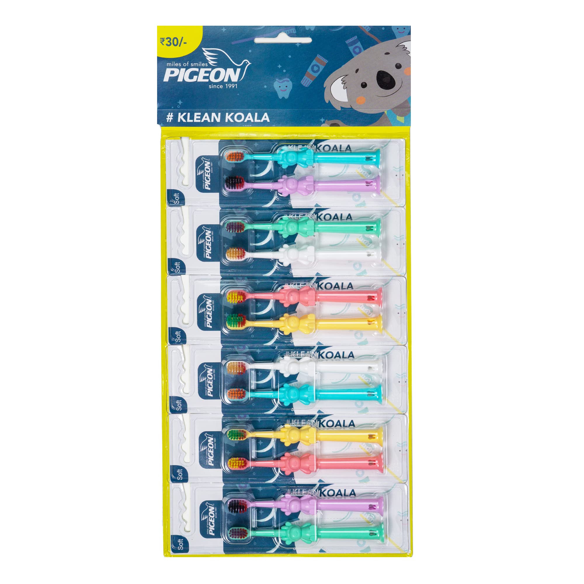 PIGEON Combo Teddy Bear Tooth Brush for Kids With End Rounded Bristles Soft And Excellent Thumb Grip Multicolor (Pack of 12, Kids Combo Klean Koala)