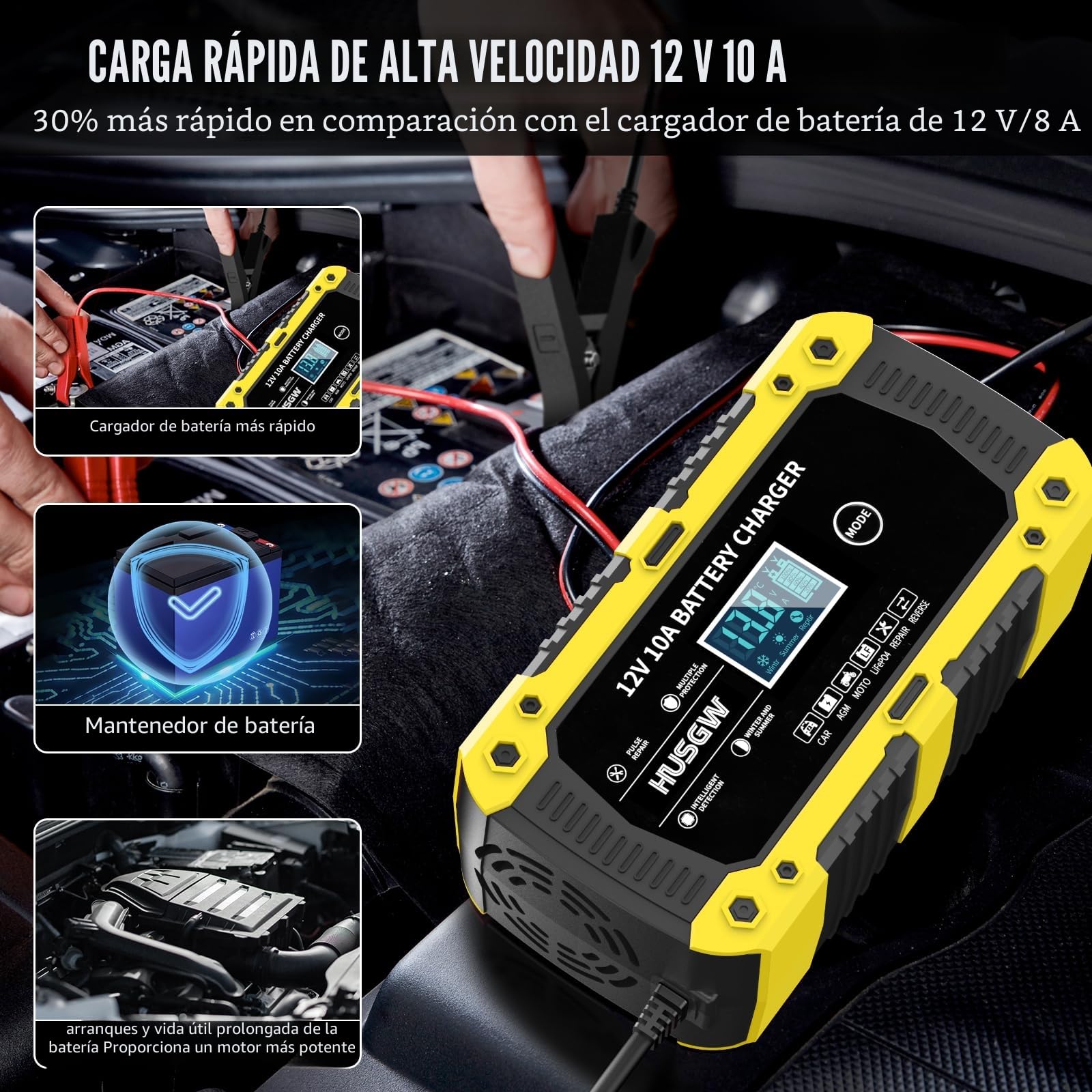 12V10A Cargador Baterias Coche, Cargador de Baterias Coche y Moto Inteligente y Funciones, Adecuado para Baterías Automotrices LiFePO4,para Coche/Moto/Clippers/AGM/Gel/Wet/SLA (10A) (10 Amarillo)