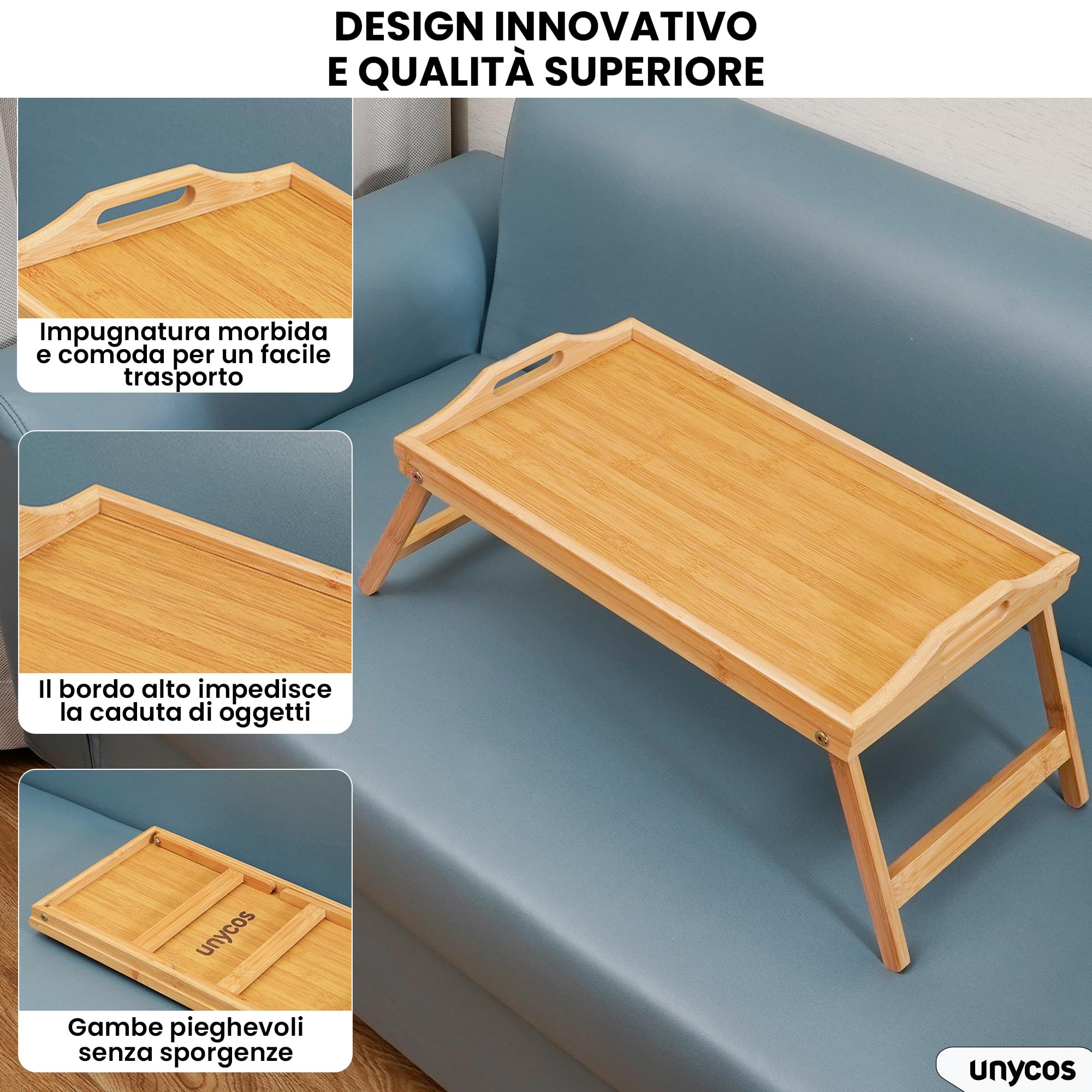 unycos - Vassoio per la Colazione e da Letto in Bambù【50x30x22,3 cm】Tavolo Pieghevole PC Portatile | Bordo Alto, Tavolino Multifunzione, Resistente all'Umidità per Lavorare/Leggere (Tavolo da Pranzo)